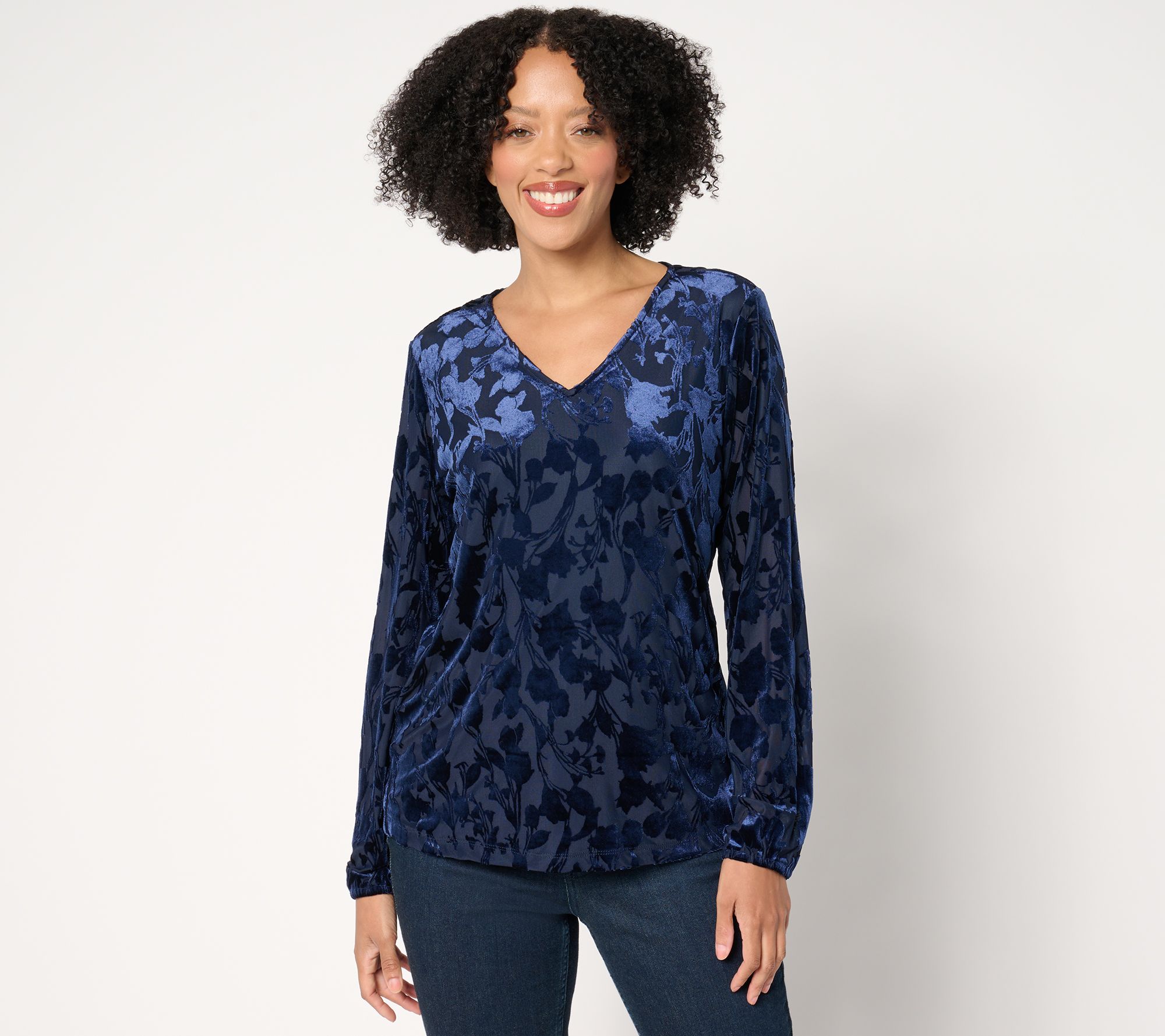 "As Is" Denim & Co. Burnout Velvet Long Sleeve Blouse
