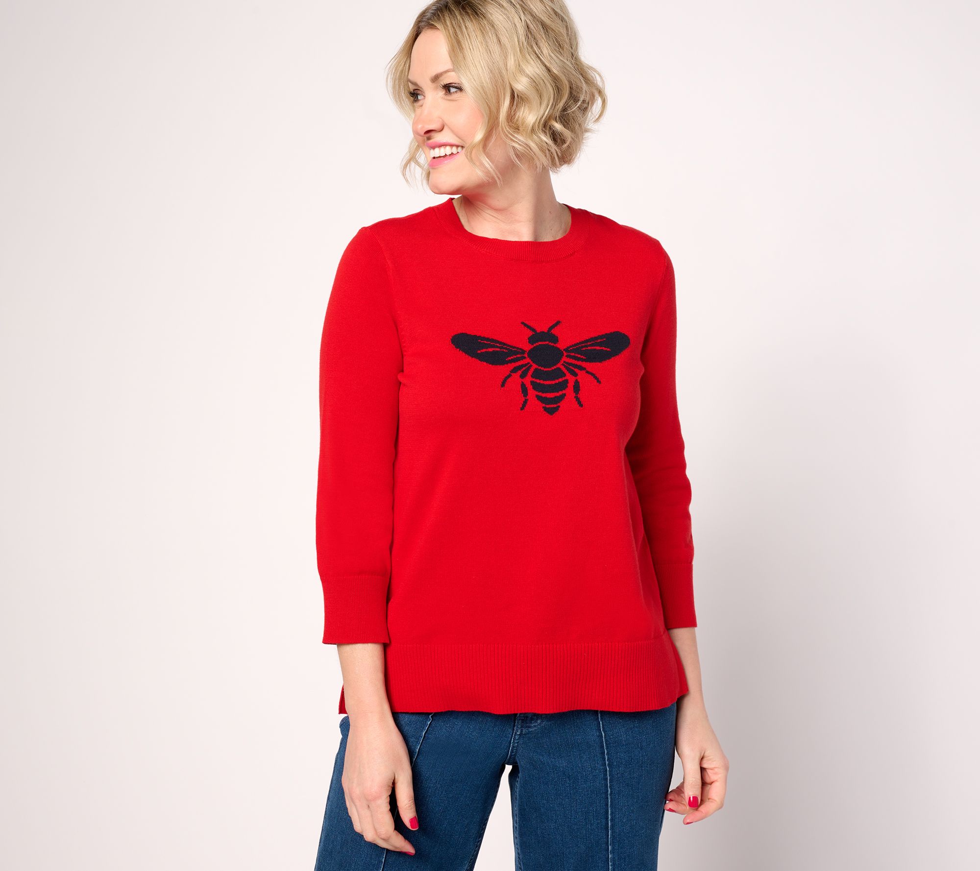Joan Rivers Queen Bee 100% Cotton Crewneck 3/4 Sleeves Sweater