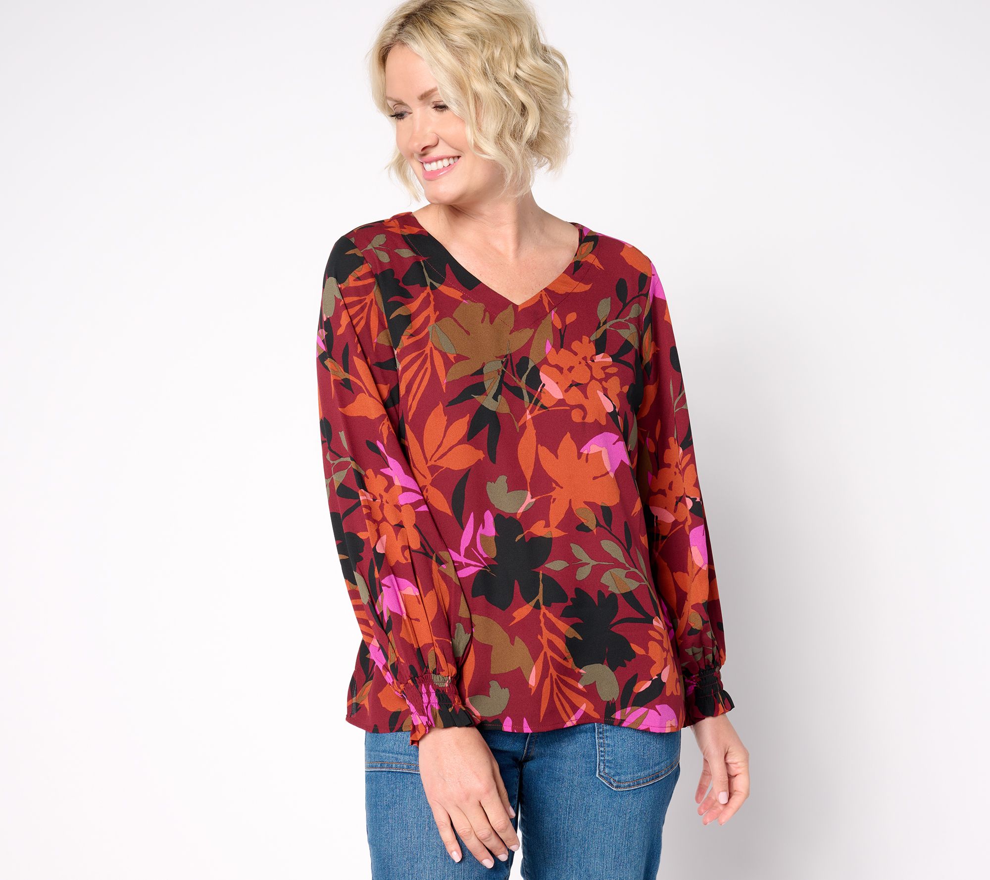 "As Is" Belle by Kim Gravel Floral Fire Smocked Cuff Blouse