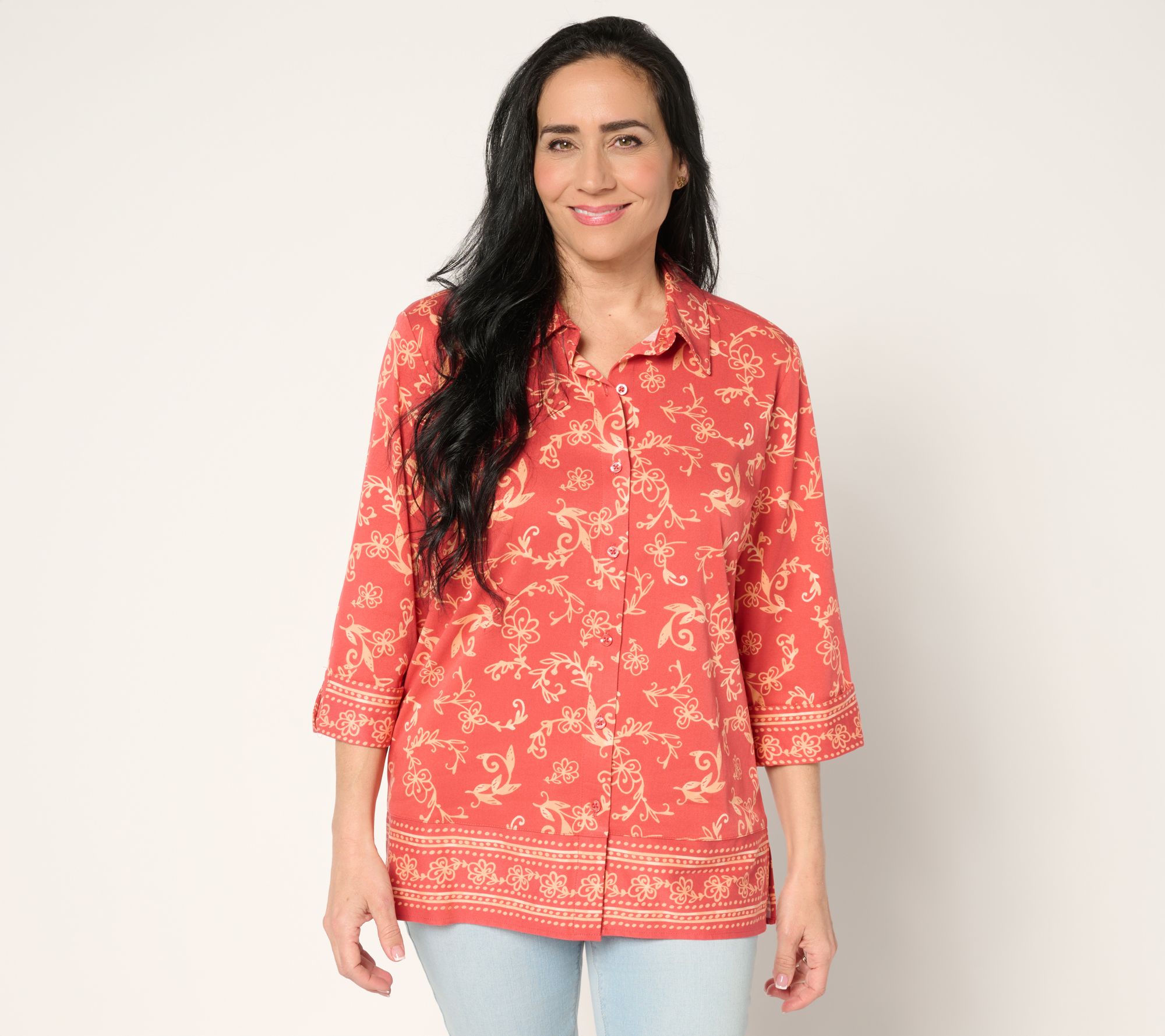 Denim & Co. Petite Placed Print Button Front Tunic