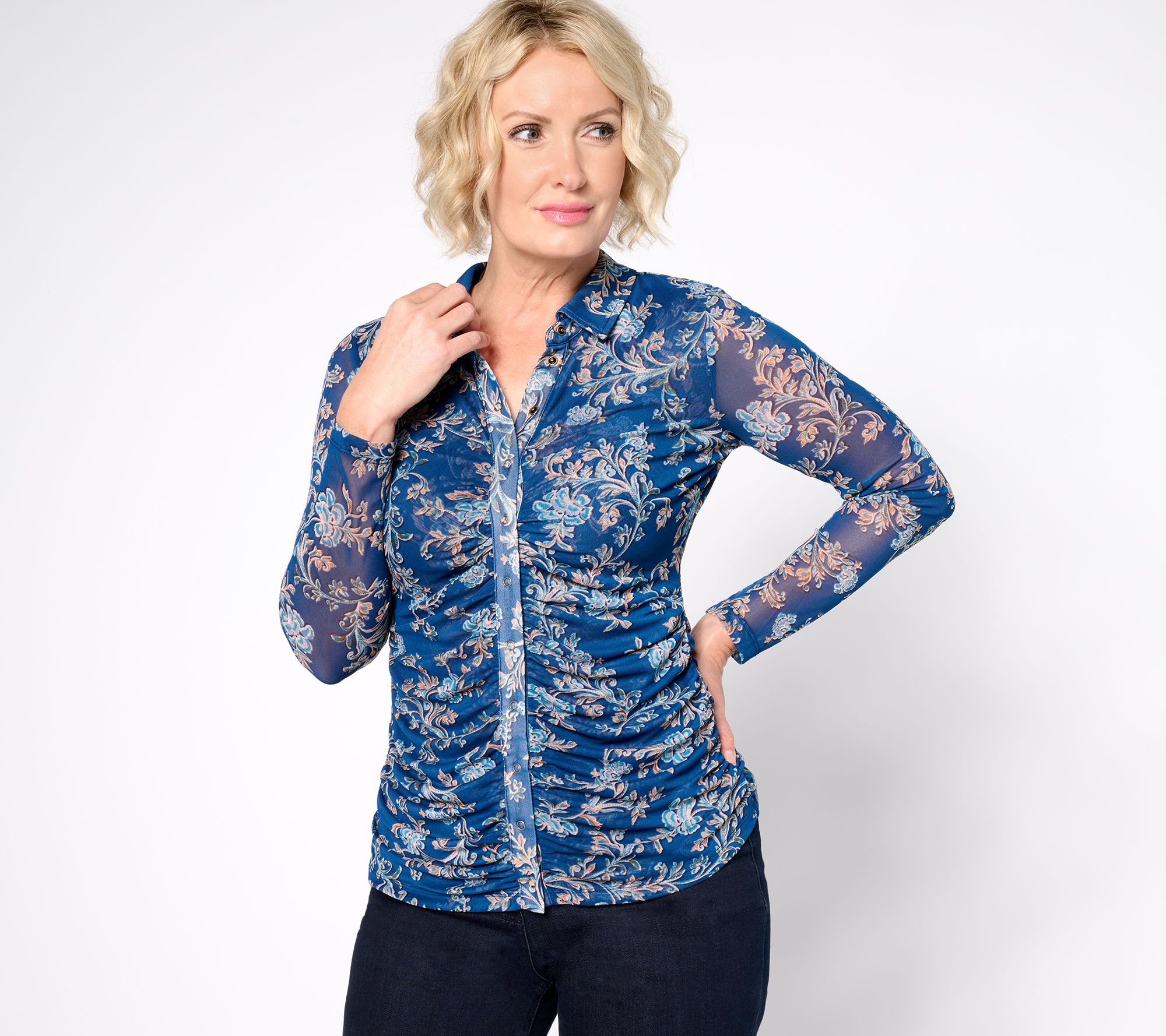 "As Is" Susan Graver Printed Mesh Long Sleeve Button Front Top