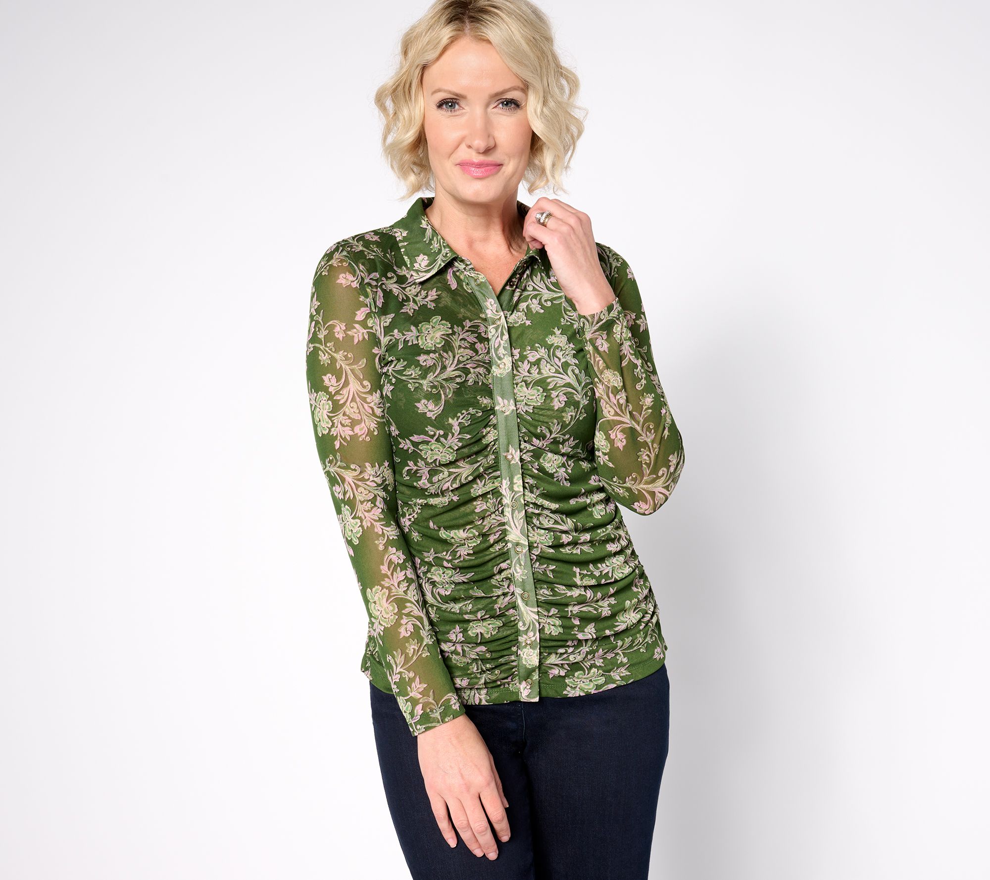 "As Is" Susan Graver Printed Mesh Long Sleeve Button Front Top