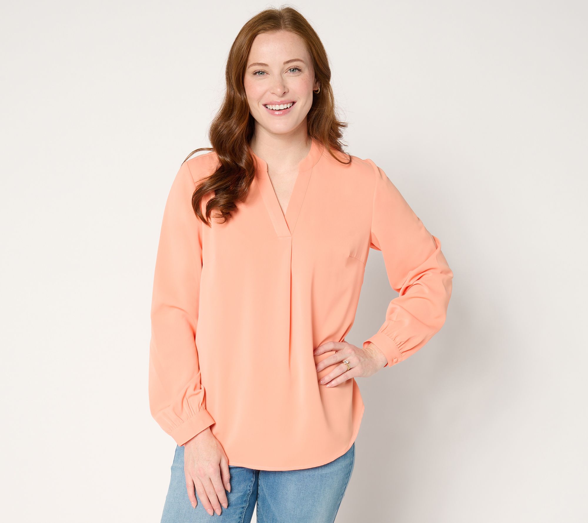 "As Is" Denim & Co. Petite Pleat Back Long Sleeve Tunic