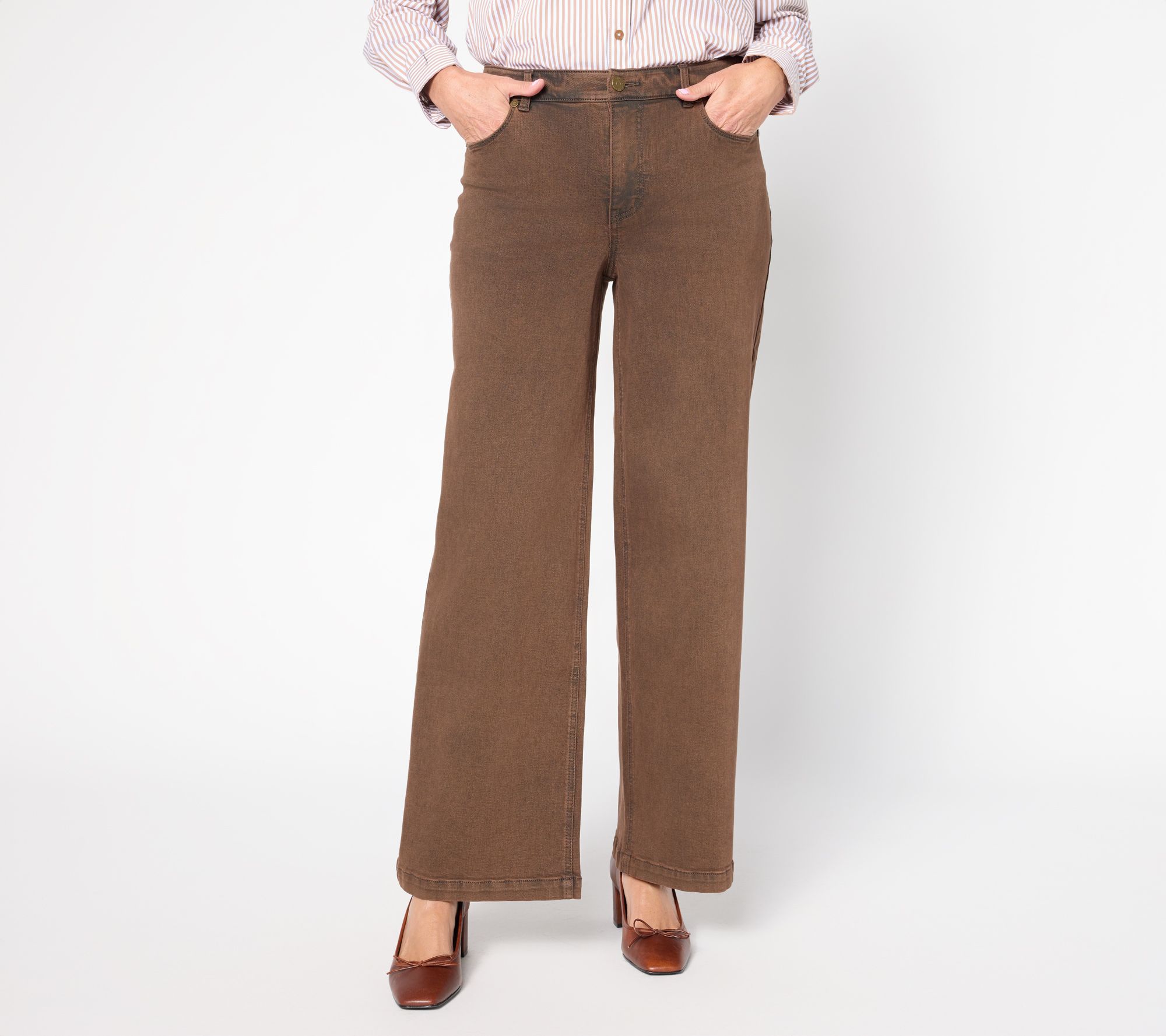 Susan Graver Regular Stretch Denim Wide Leg Pant - Black/Brown