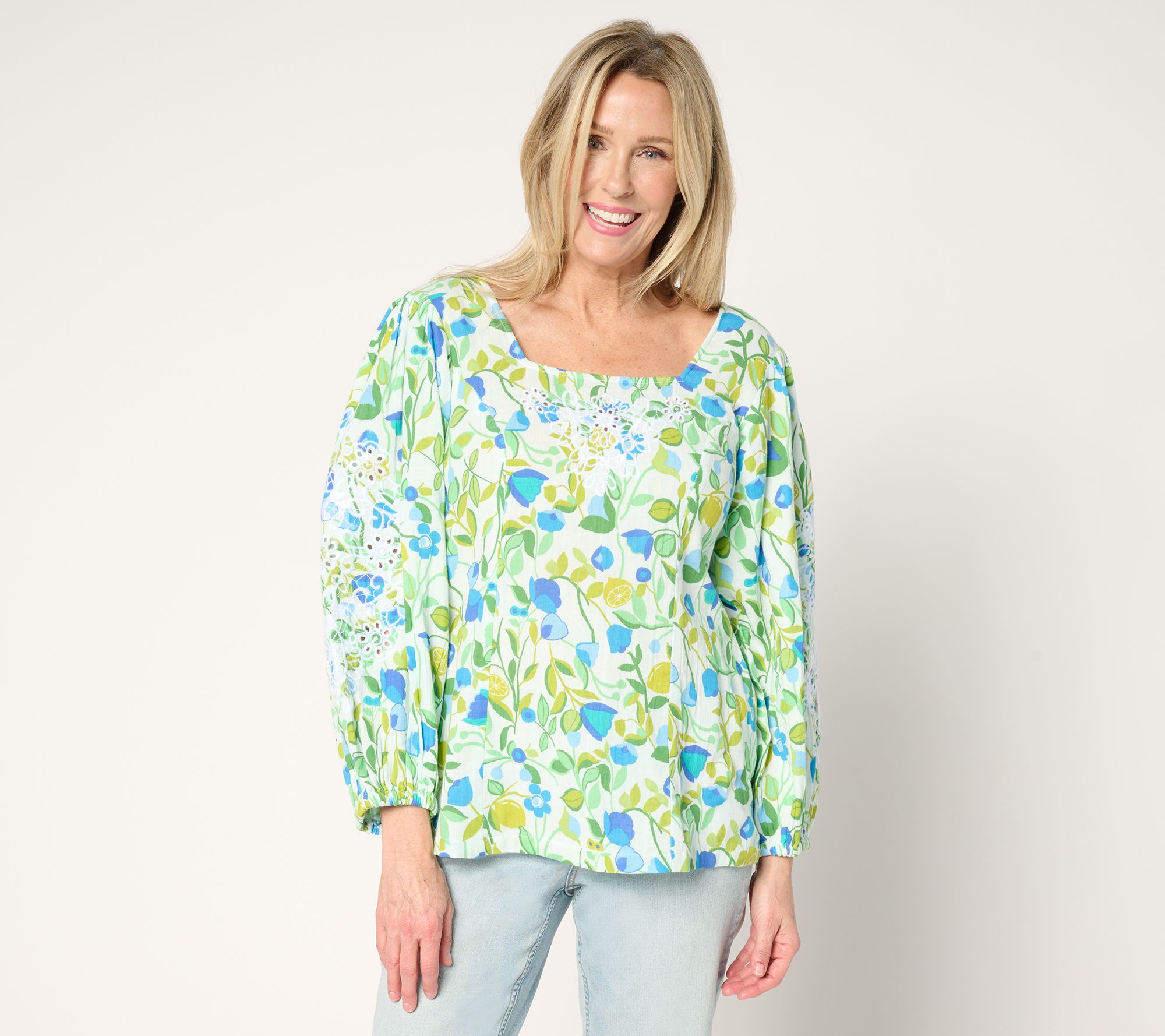 "As Is" Susan Graver PURE Embroidered Printed Cotton Gauze Blouse