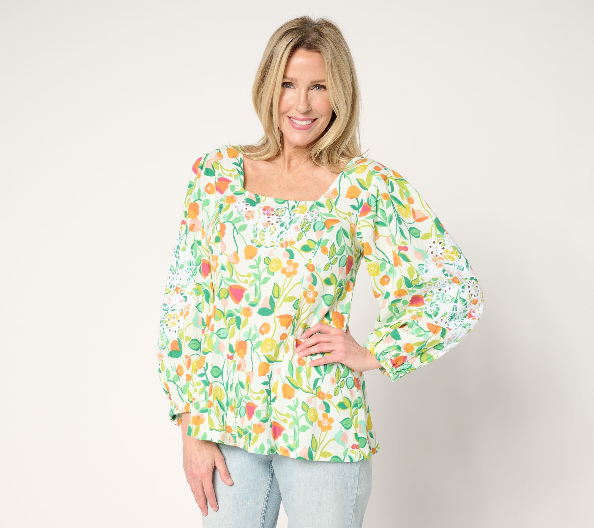 "As Is" Susan Graver PURE Embroidered Printed Cotton Gauze Blouse