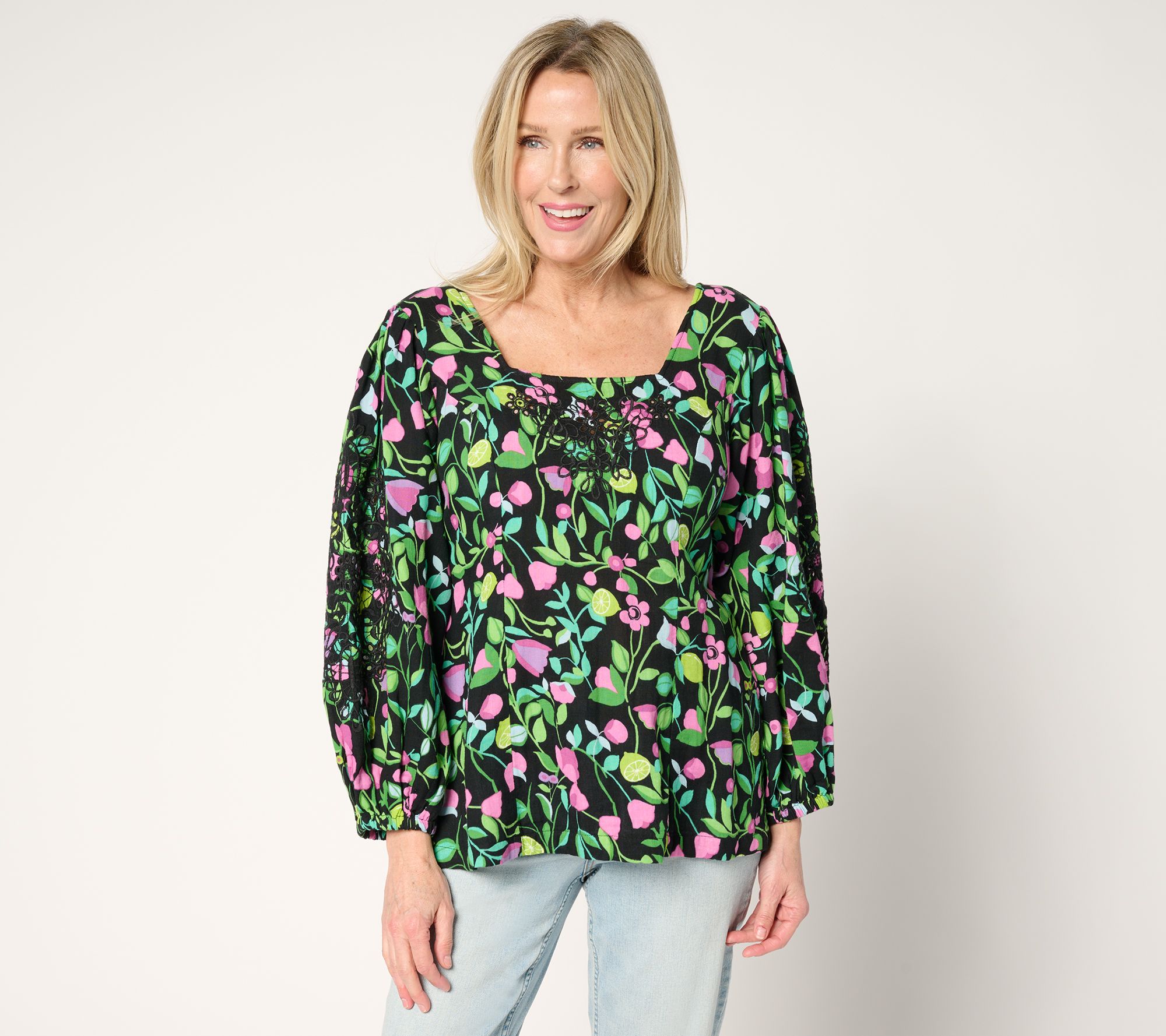 "As Is" Susan Graver PURE Embroidered Printed Cotton Gauze Blouse