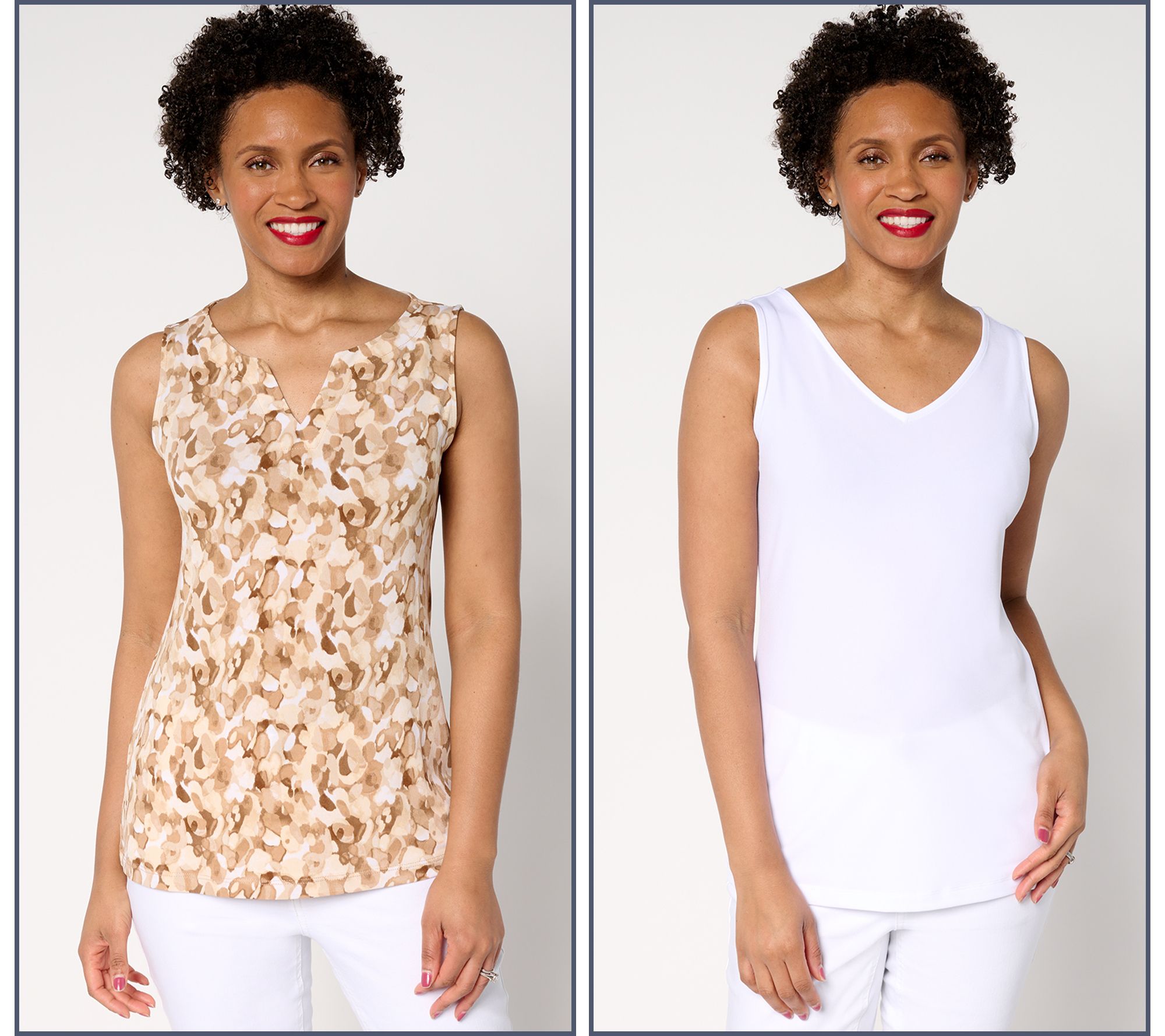 "As Is" Susan Graver Set of Two Print & Solid Knit Sleeveless Tops