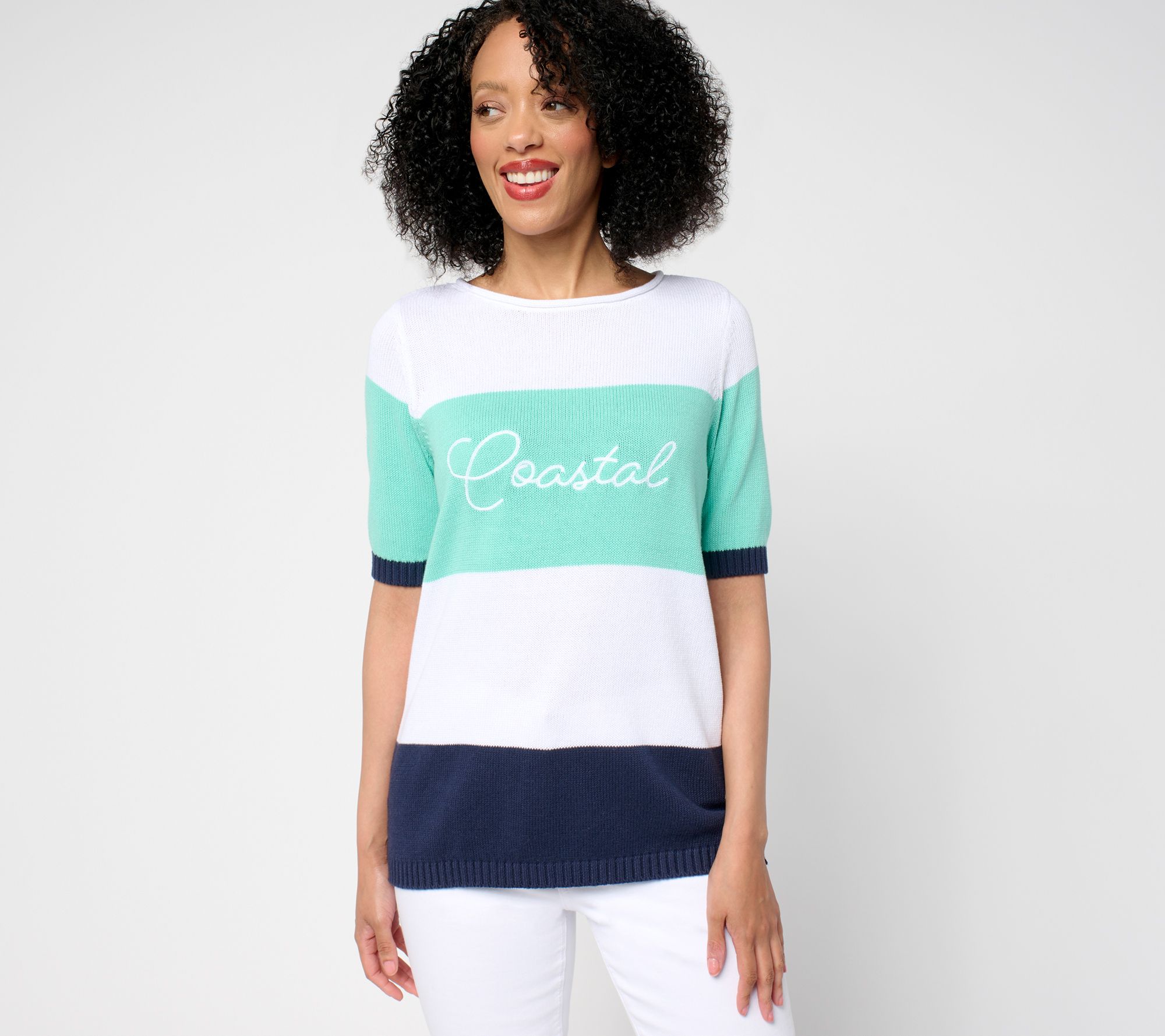 "As Is" Denim & Co. Beach 100% Cotton Elbow Sleeve Sweater