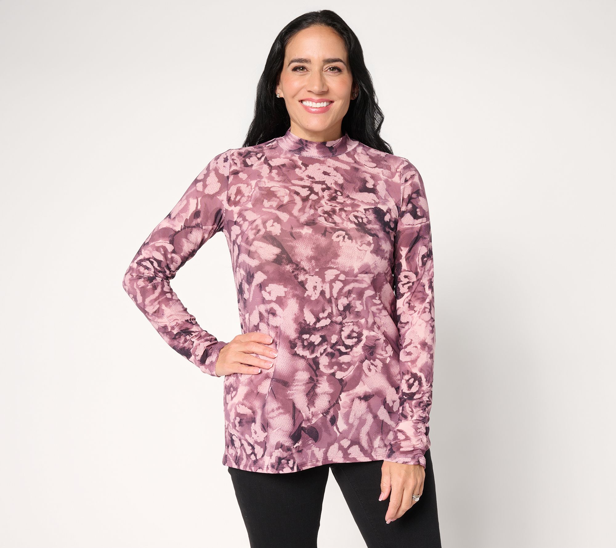 LOGO Layers by Lori Goldstein Printed Mock Neck Mesh Top