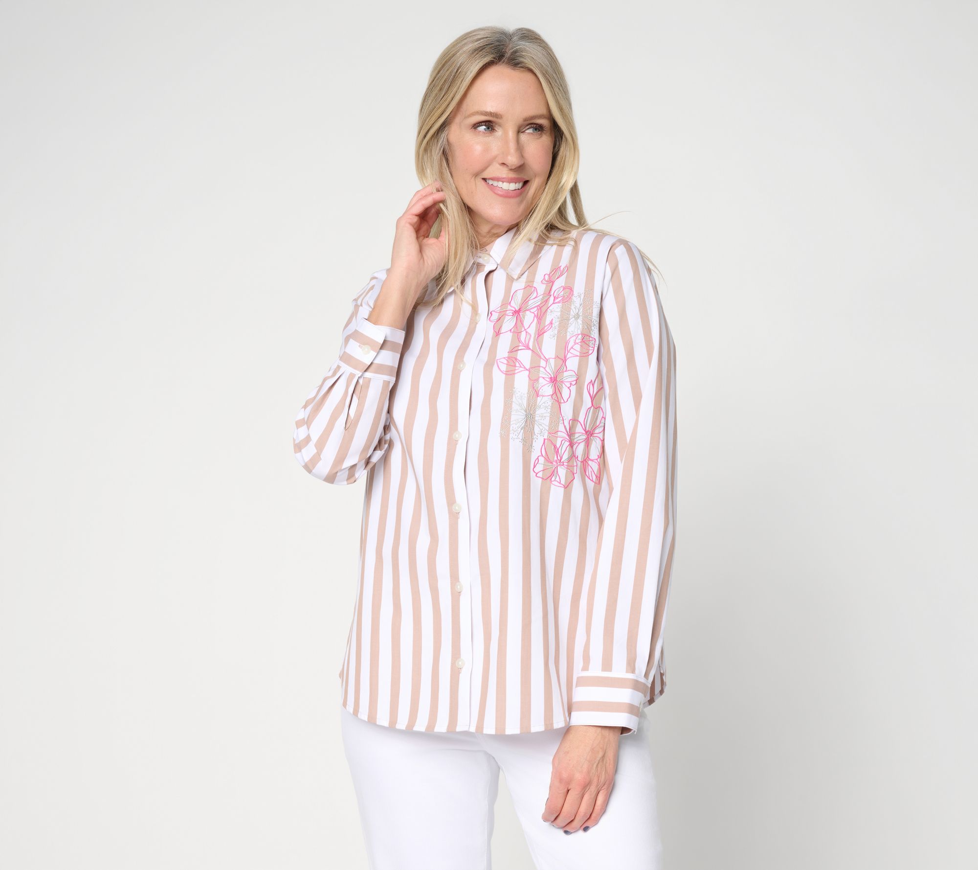 Attitudes by Renee Striped and Embroidered Top