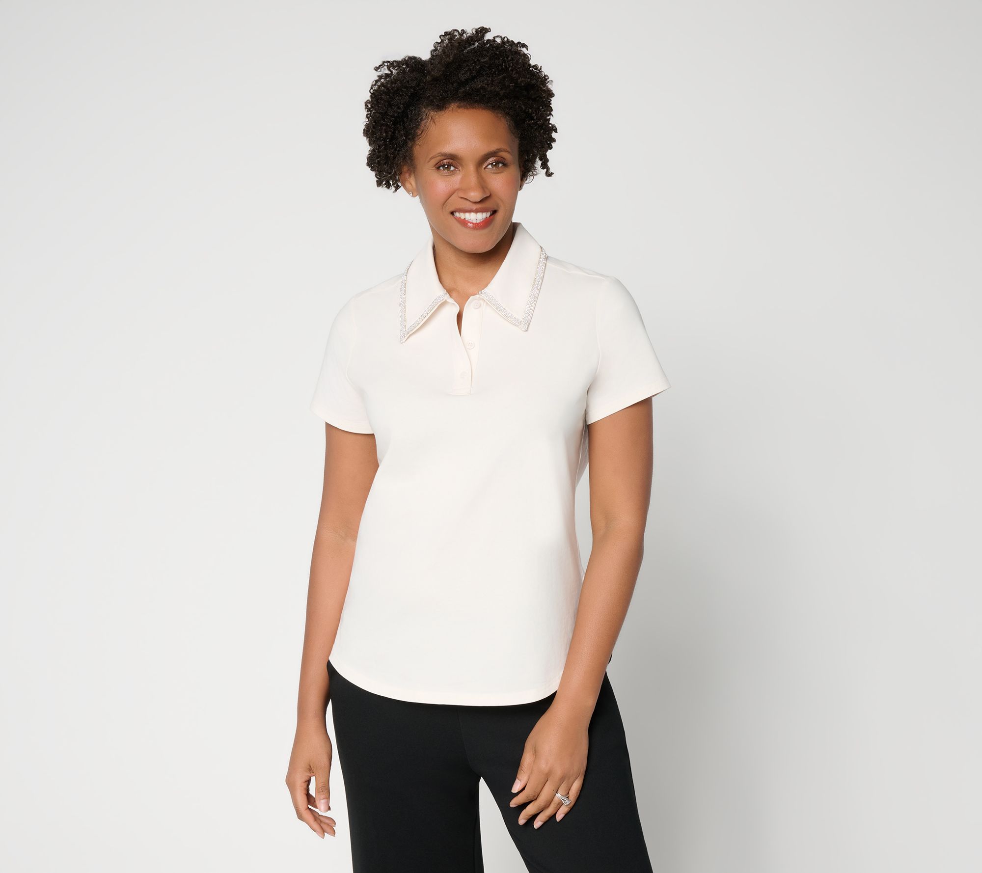 by Stacy London Jeweled Collar Jersey Polo