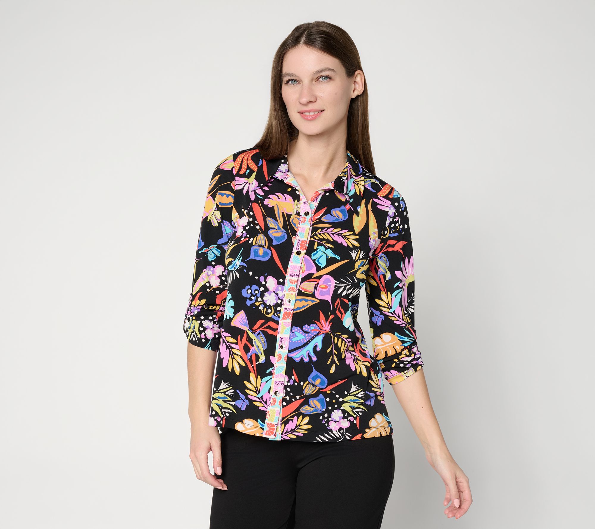 Susan Graver Printed Liquid Knit Button Front Top