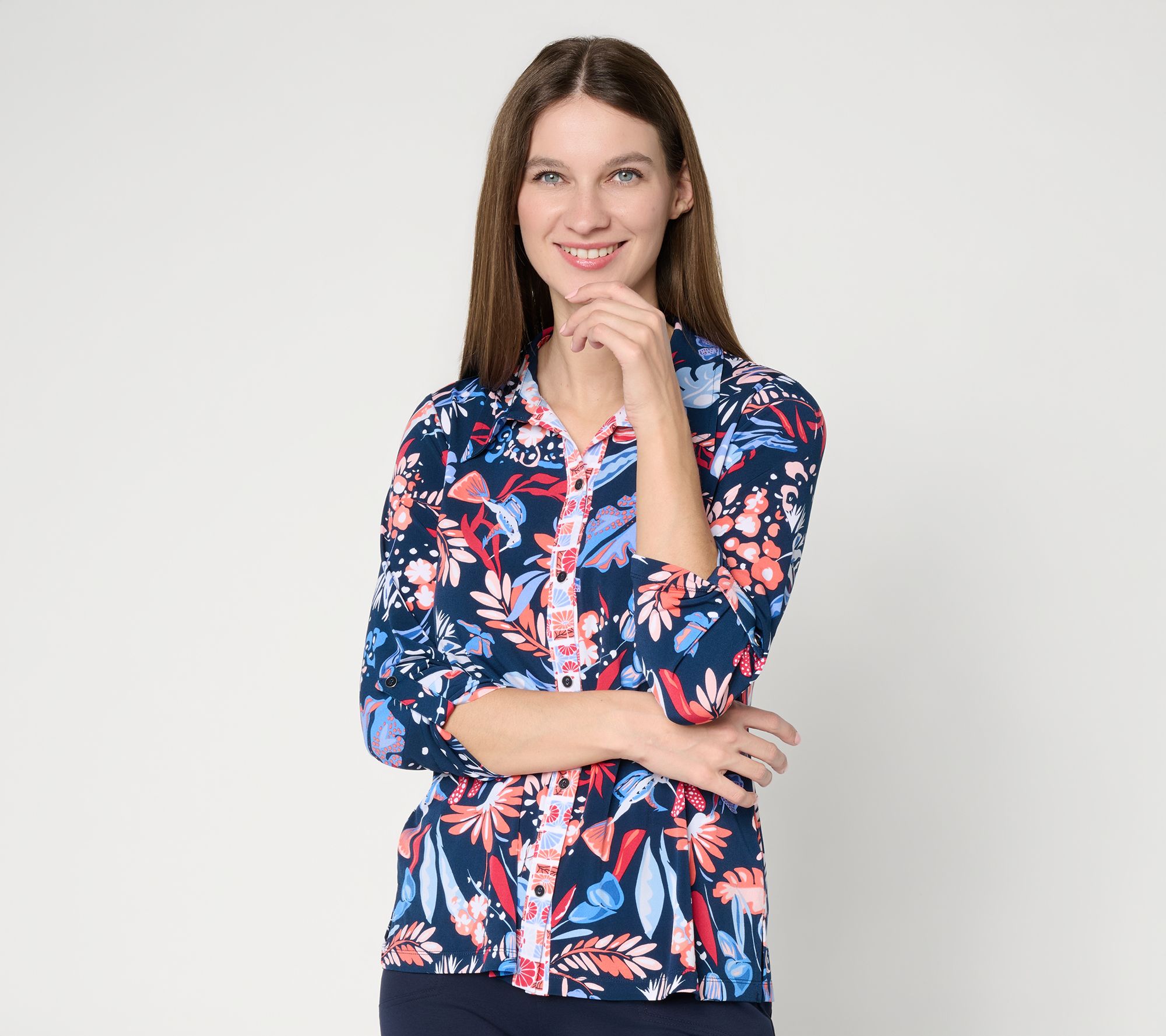 Susan Graver Printed Liquid Knit Button Front Top