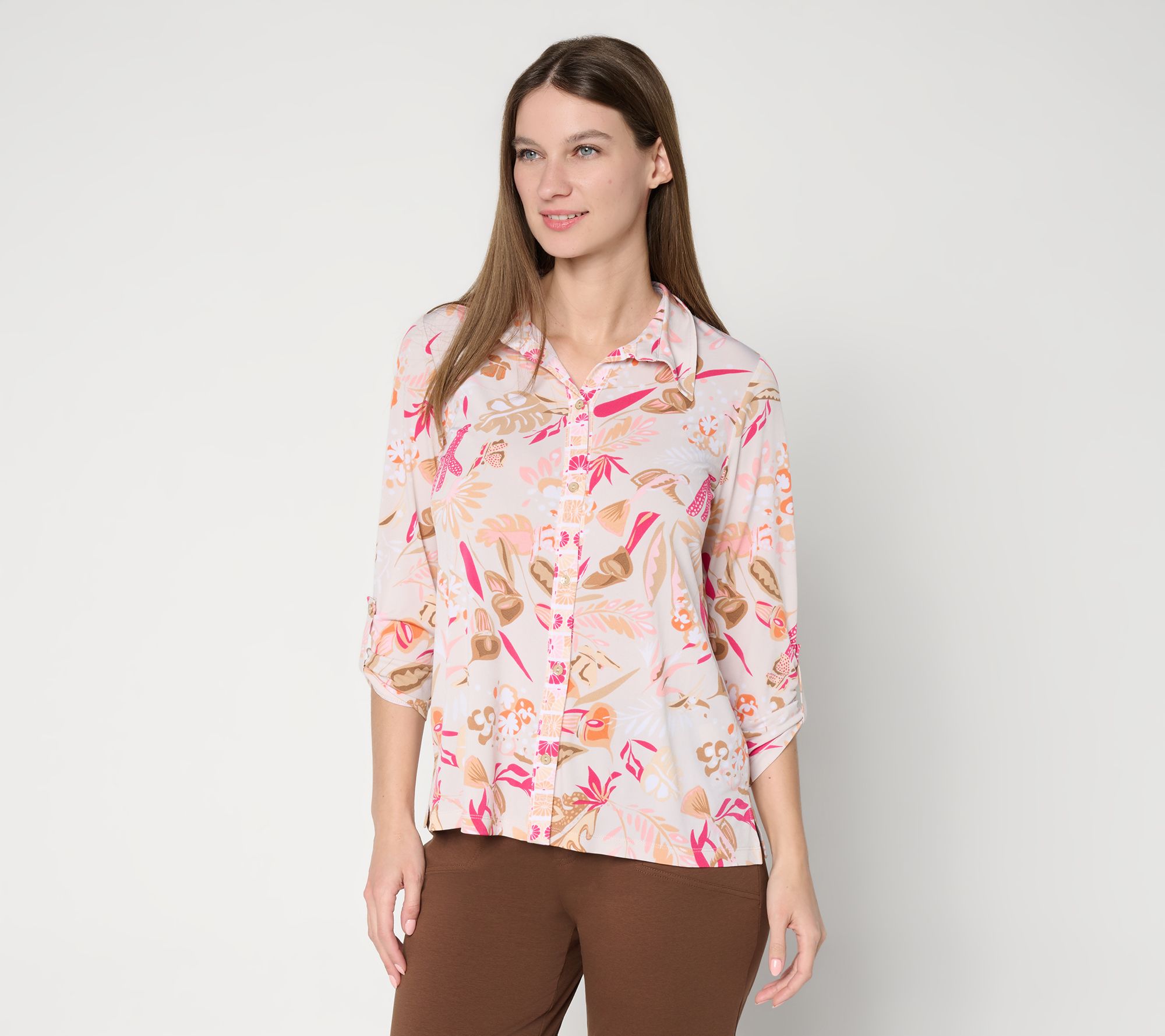 Susan Graver Printed Liquid Knit Button Front Top