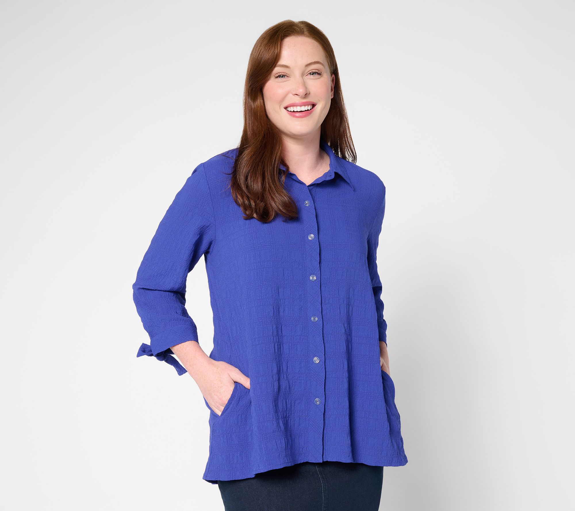 "As Is" Susan Graver Petite Pucker Woven Button Front Shirt