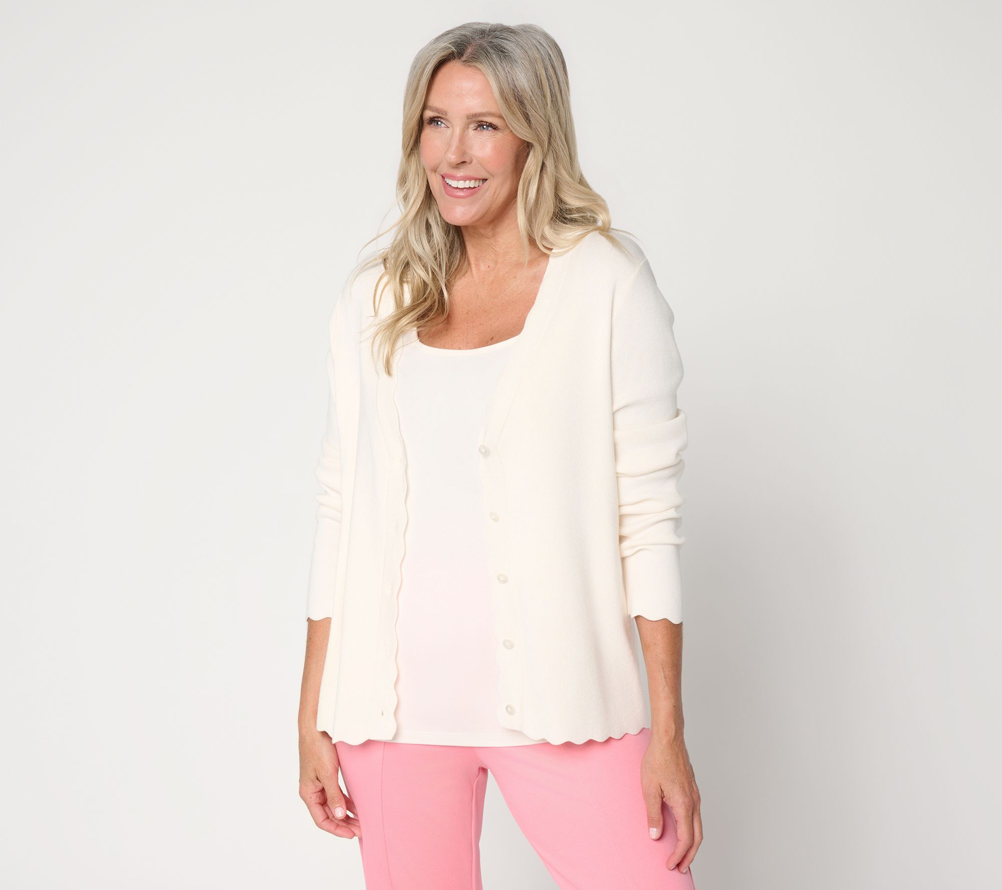Beautiful by Lawrence Zarian Button Front Scallop Edge Cardigan