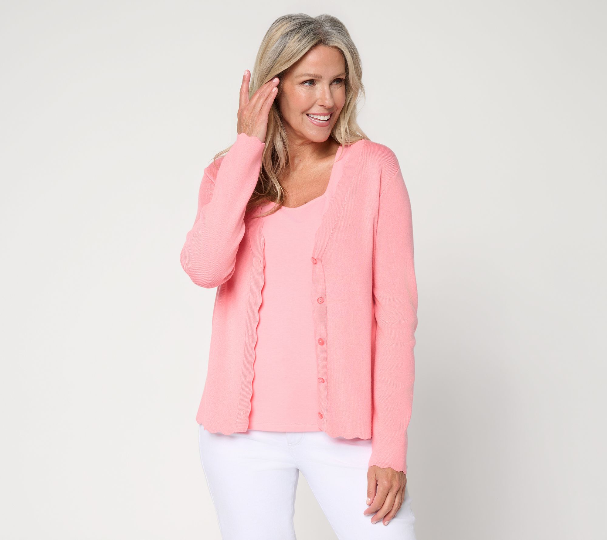 Beautiful by Lawrence Zarian Button Front Scallop Edge Cardigan