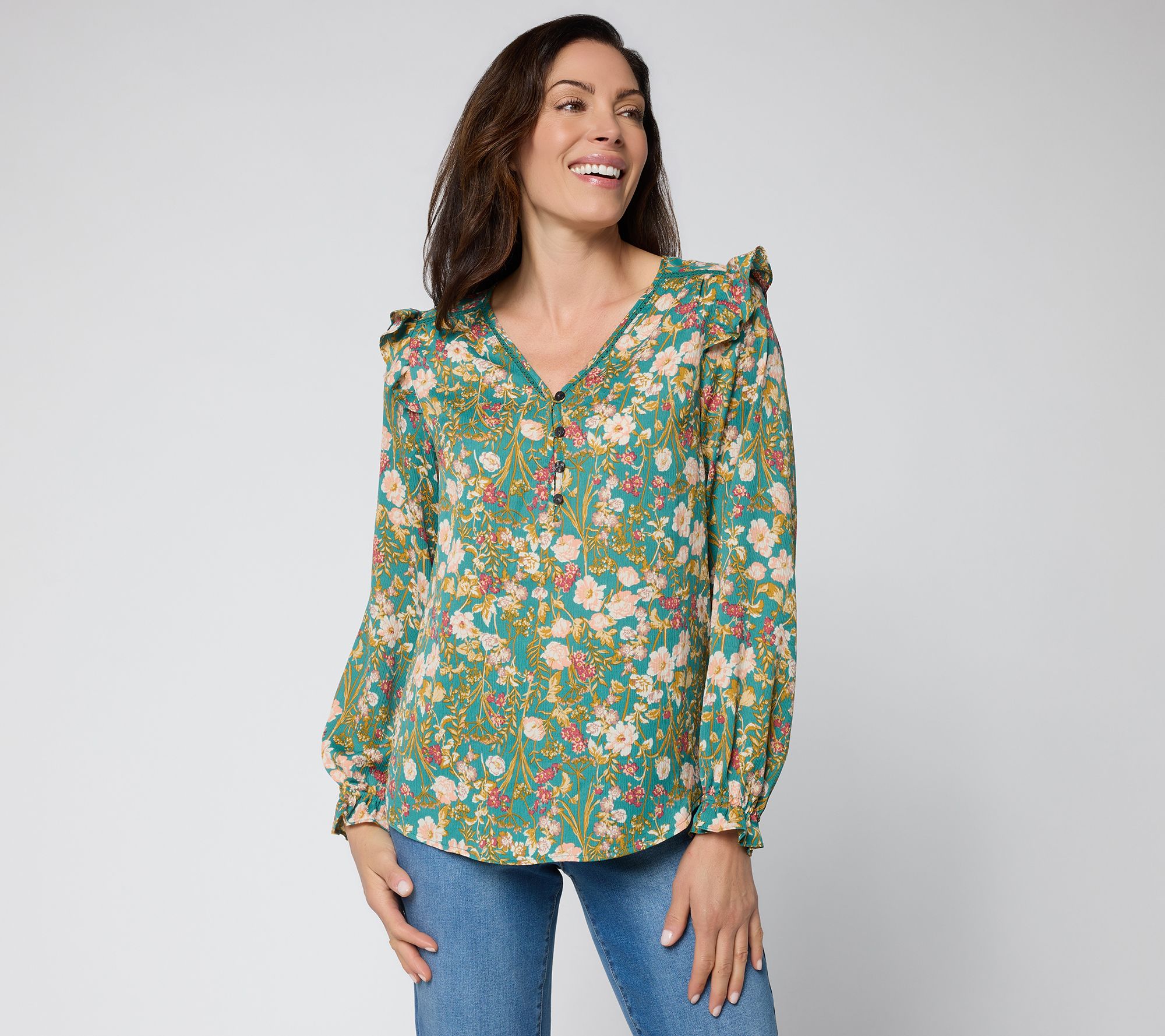 【完売品】【美品】MULTIWAY GATHER BLOUSE Ree by The Pioneer Woman Lace Inset Long Sleeve Woven Blouse | QVC