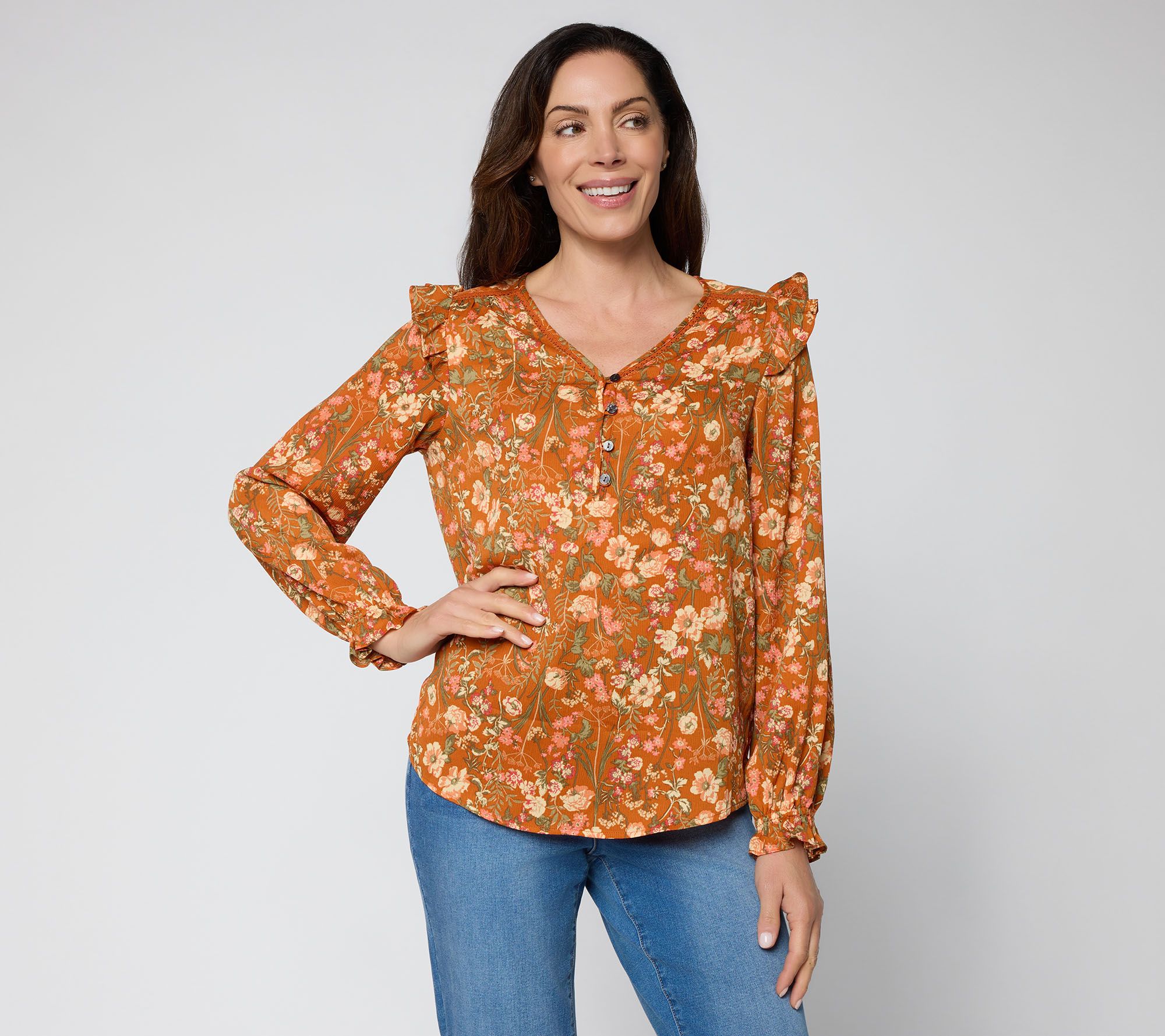Ree by The Pioneer Woman Lace Inset Long Sleeve Woven Blouse