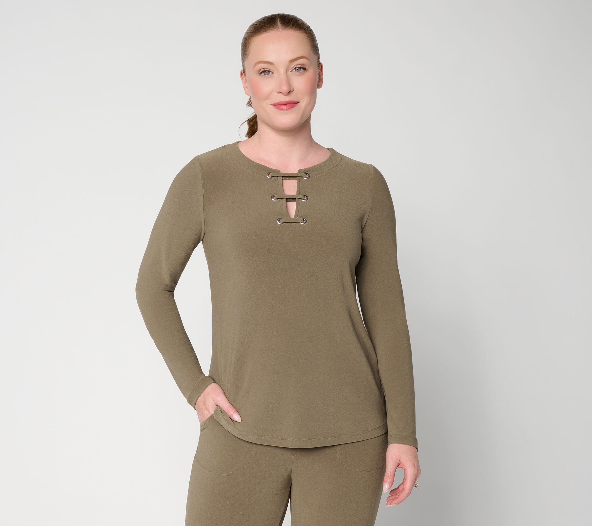Women with Control Moss Crepe Top with Lace Up Detail