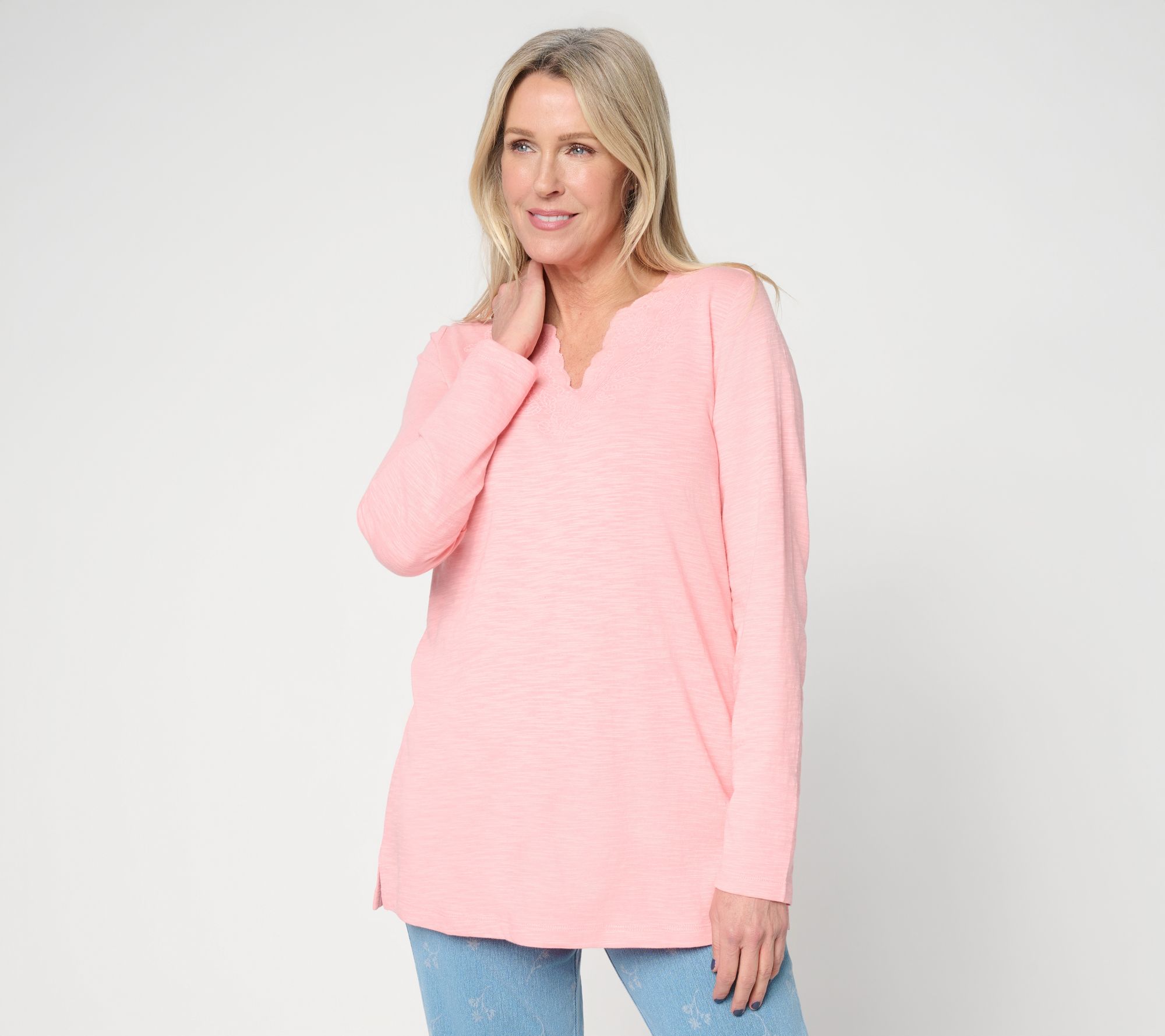 "As Is" Denim & Co. Regular Textured Cotton Embroidered Tunic