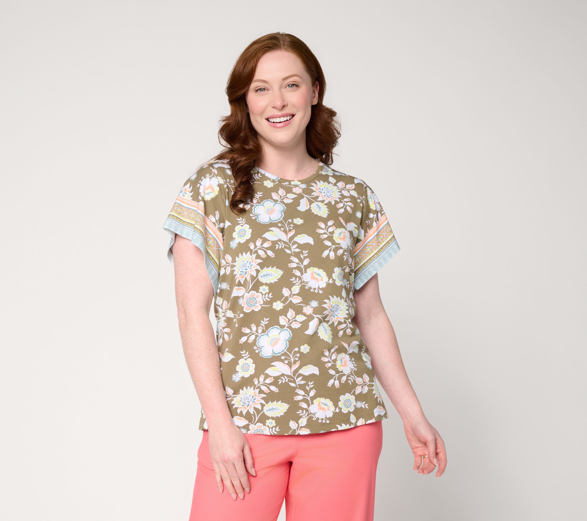 "As Is" Denim & Co. So Soft Jersey Printed Flutter Sleeve Top w/Crew Neck