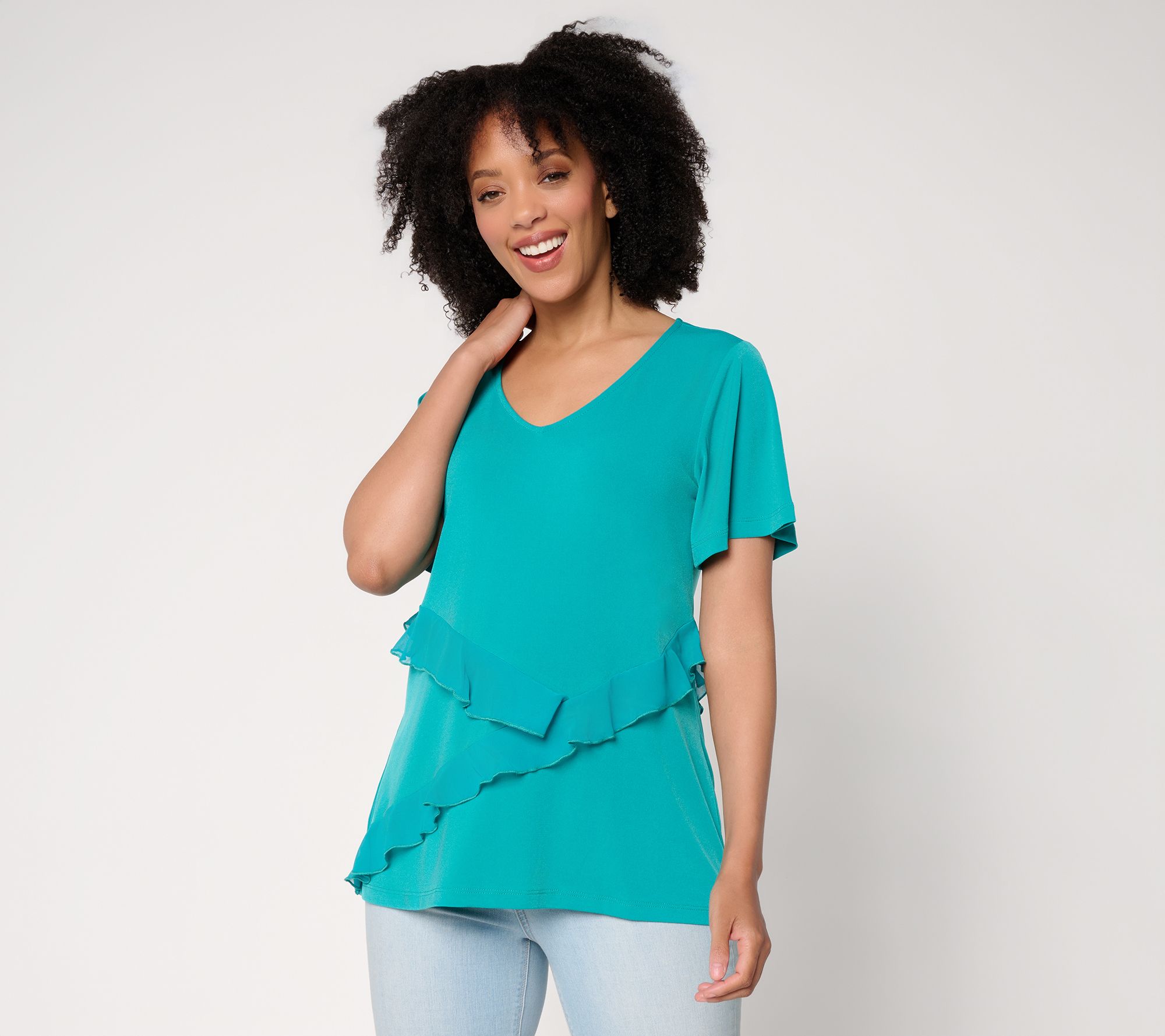 "As Is" Susan Graver Liquid Knit Top with Asymmetrical Ruffles