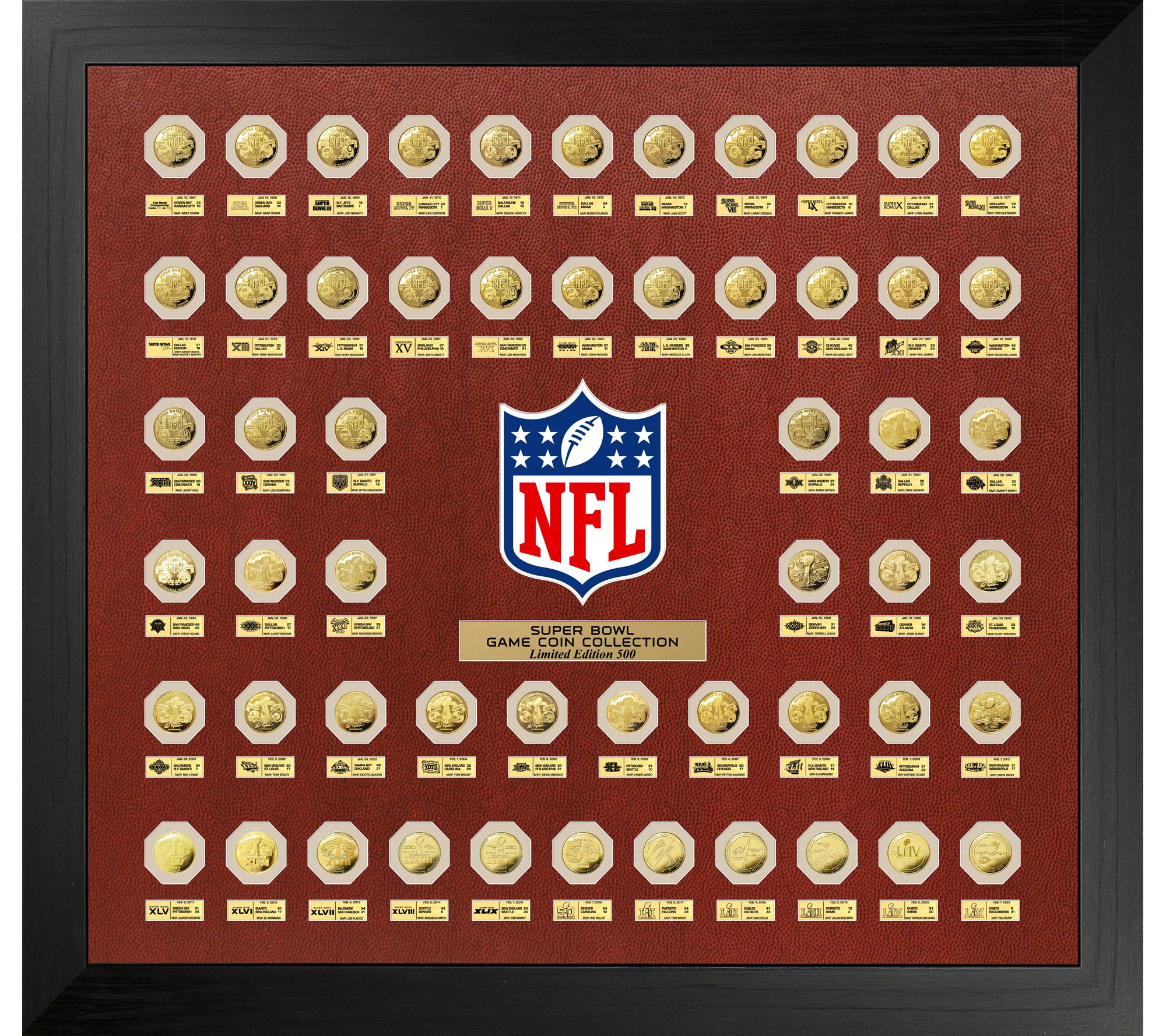 NFL Super Bowl Gold Flip Coin Collection (55Coin Set Framed)
