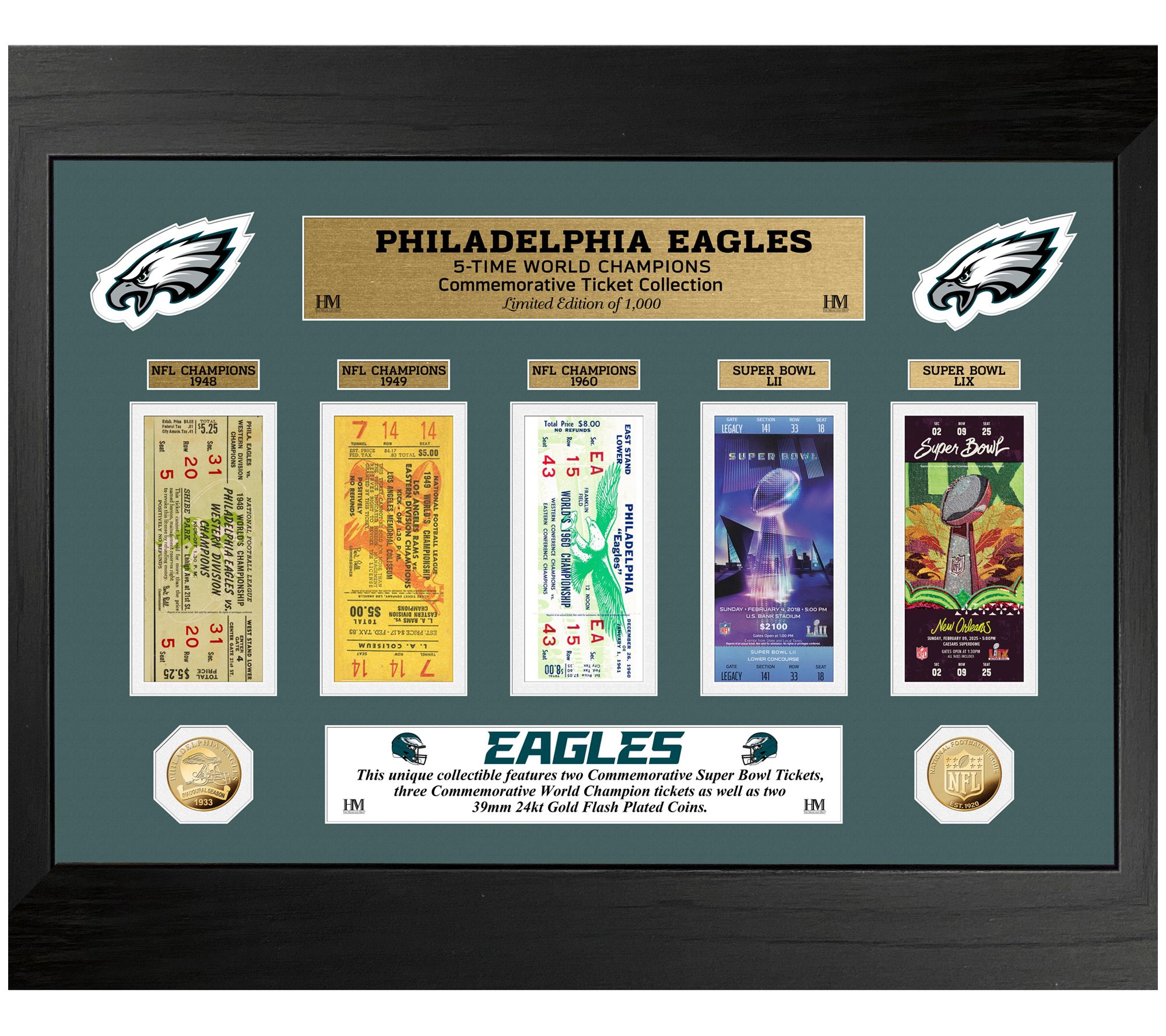 Highland Mint Philadelphia Eagles 5x Wrld Champ Del Tick Photo