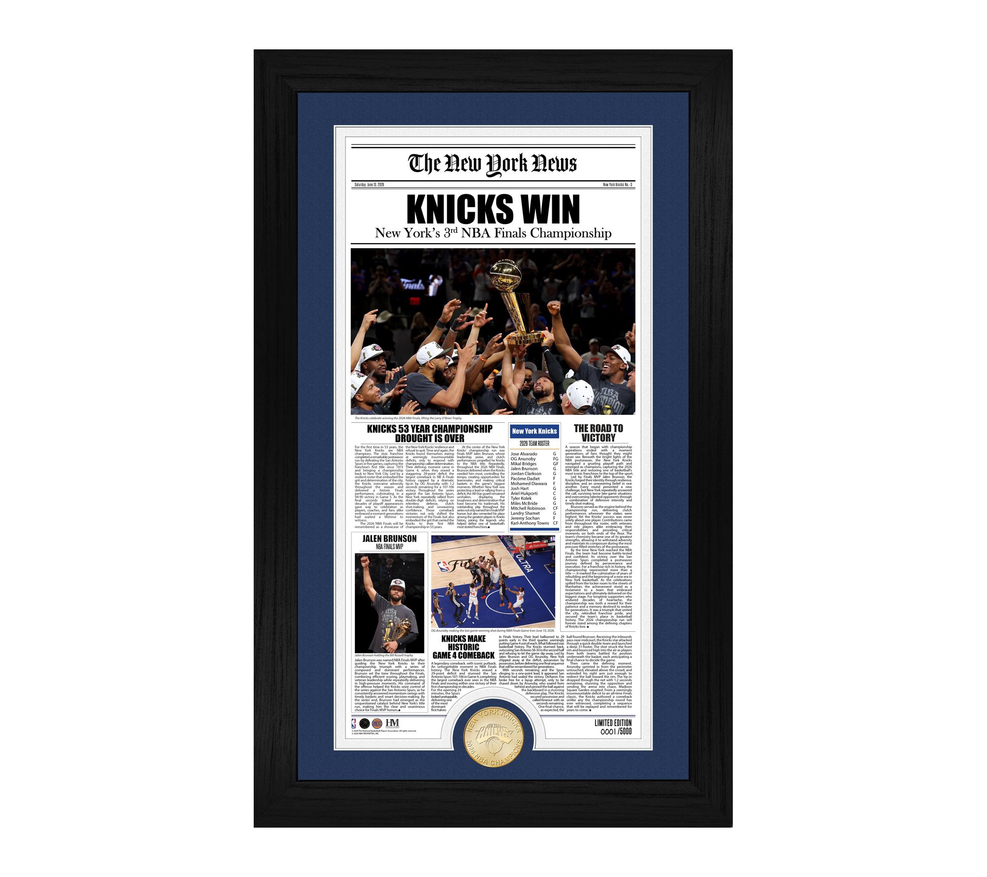 NY Knicks 2026 NBA Champions Front Page News Frame