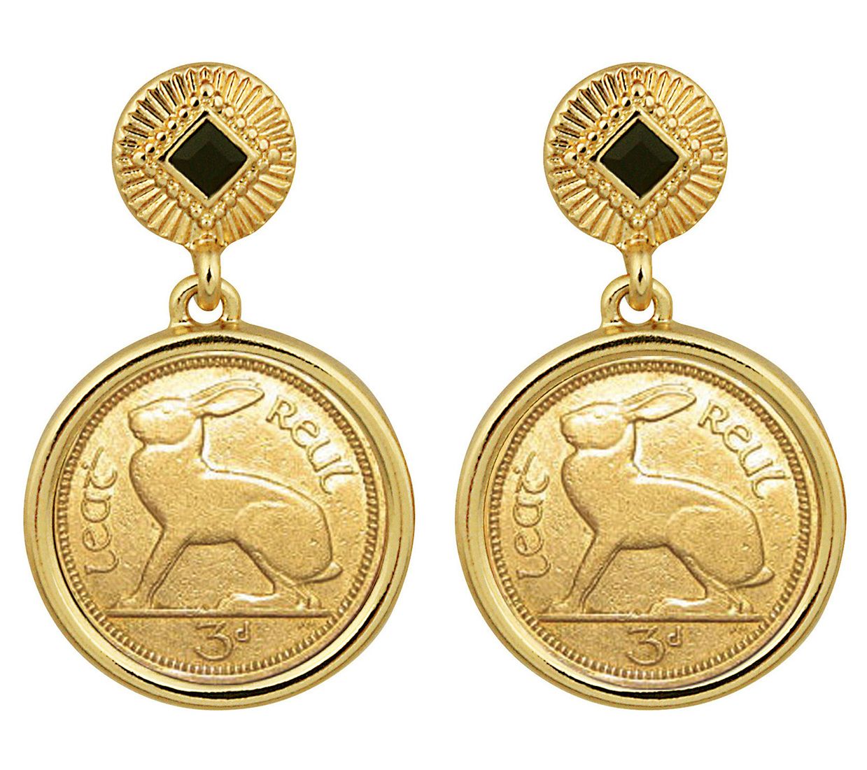 American Coin Gold 3 Pence Coin Goldtone Art Deco Earrings