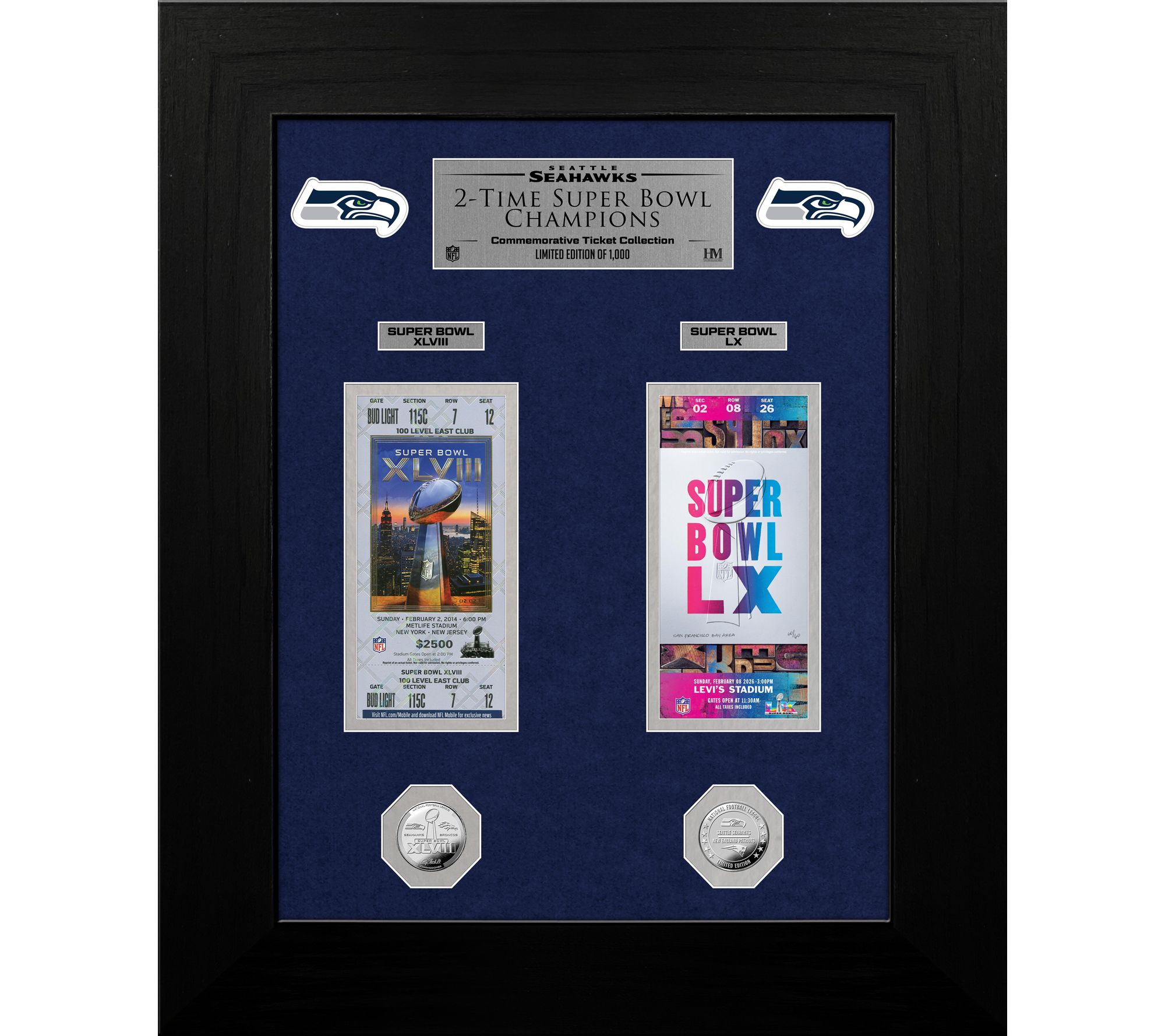 Highland Mint Seahawks SB LX Two Time Champs Deluxe Frame