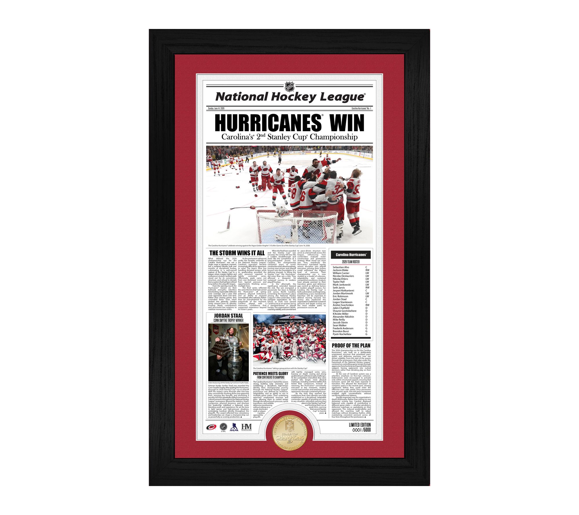 Hurricanes 2026 Stanley Cup Champions Front Page News Frame