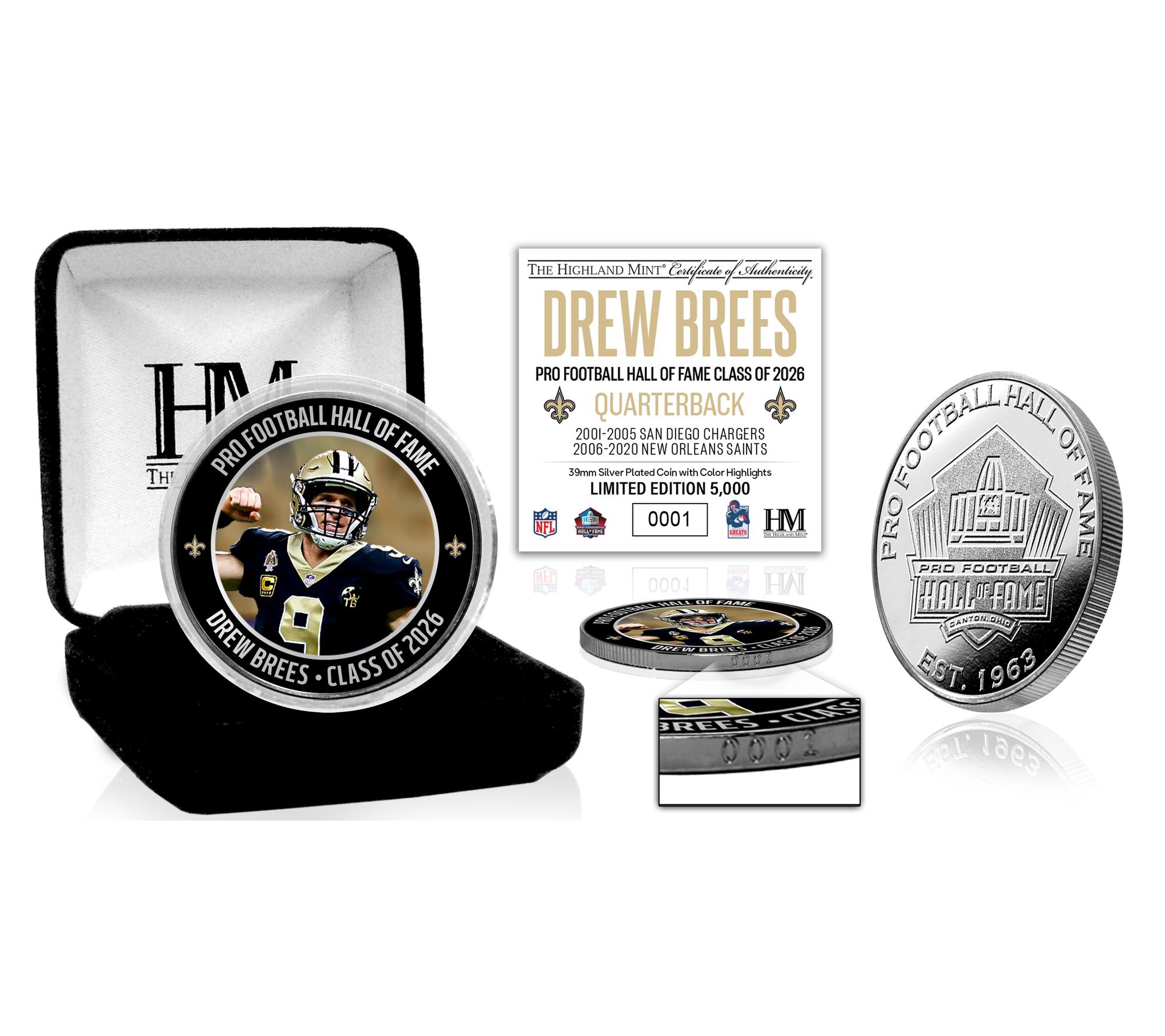 Highland Mint Drew Brees 2026 NFL Hall of FameInduction Coin