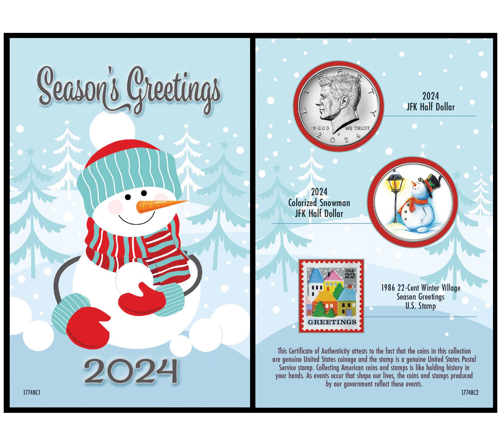 American Coin 2024 Snowman Coin and Stamp JFK Greeting Card