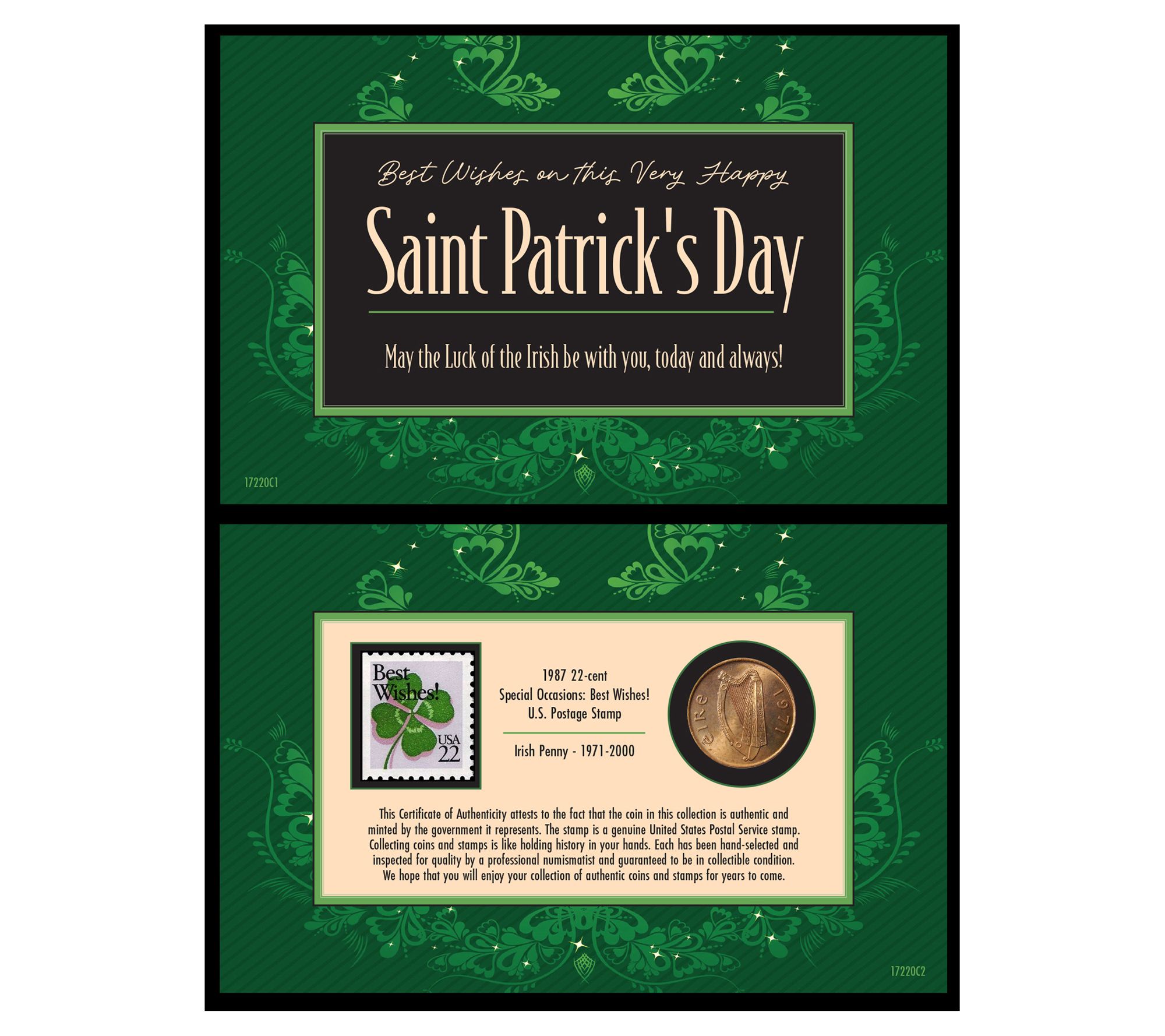 St. Patrick's Day Coin and Stamp Collectible Gr eeting Card