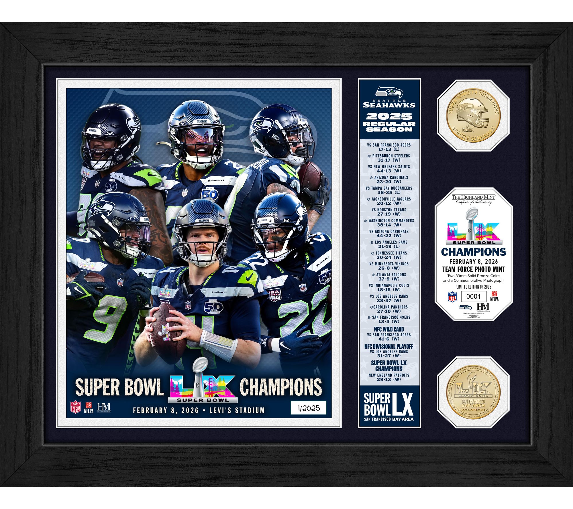  Highland Mint Seahawks Super Bowl LX Champs Team Force Frame