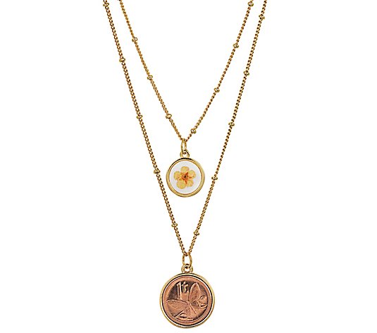 Butterfly Coin Dry Flower Double-Chain Necklace