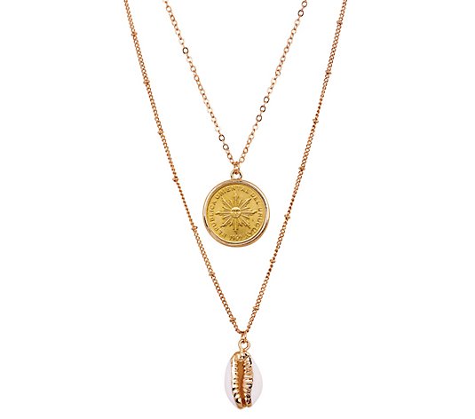 Sun Coin With Gold-Plated Cowrie Shell Double Chain Necklace