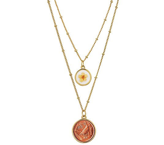 Bird Coin With Dry Flower Double-Chain Necklace