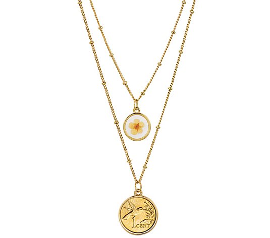 Gold Plated Hummingbird Coin Flower Double Chain Necklace