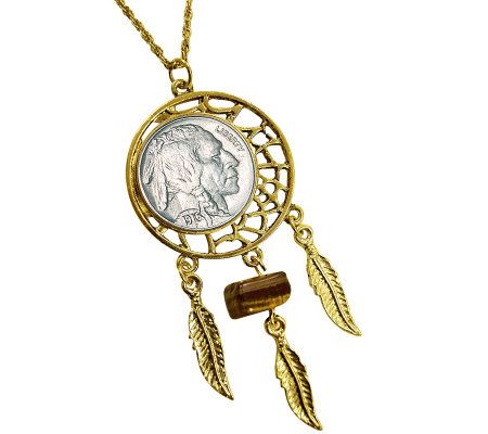 Buffalo Nickel Dream Catcher Pendant w/ Tiger's-Eye & 24"Chai