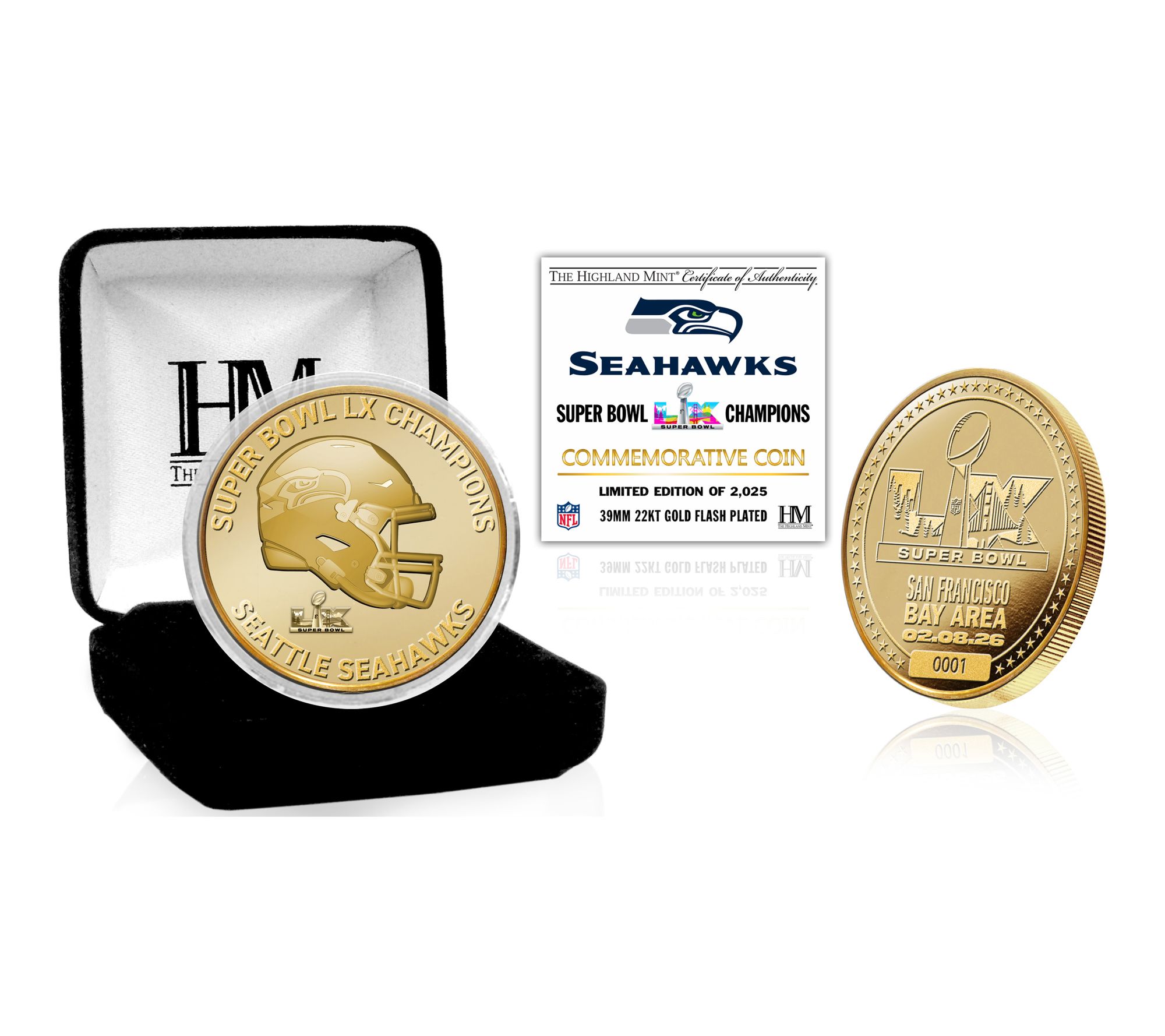 Highland Mint Seahawks Super Bowl LX Champs Gold Plated Coin