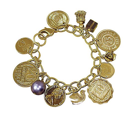 Goldtone-Layered Foreign Coins Charm Bracelet Coin Jewelry
