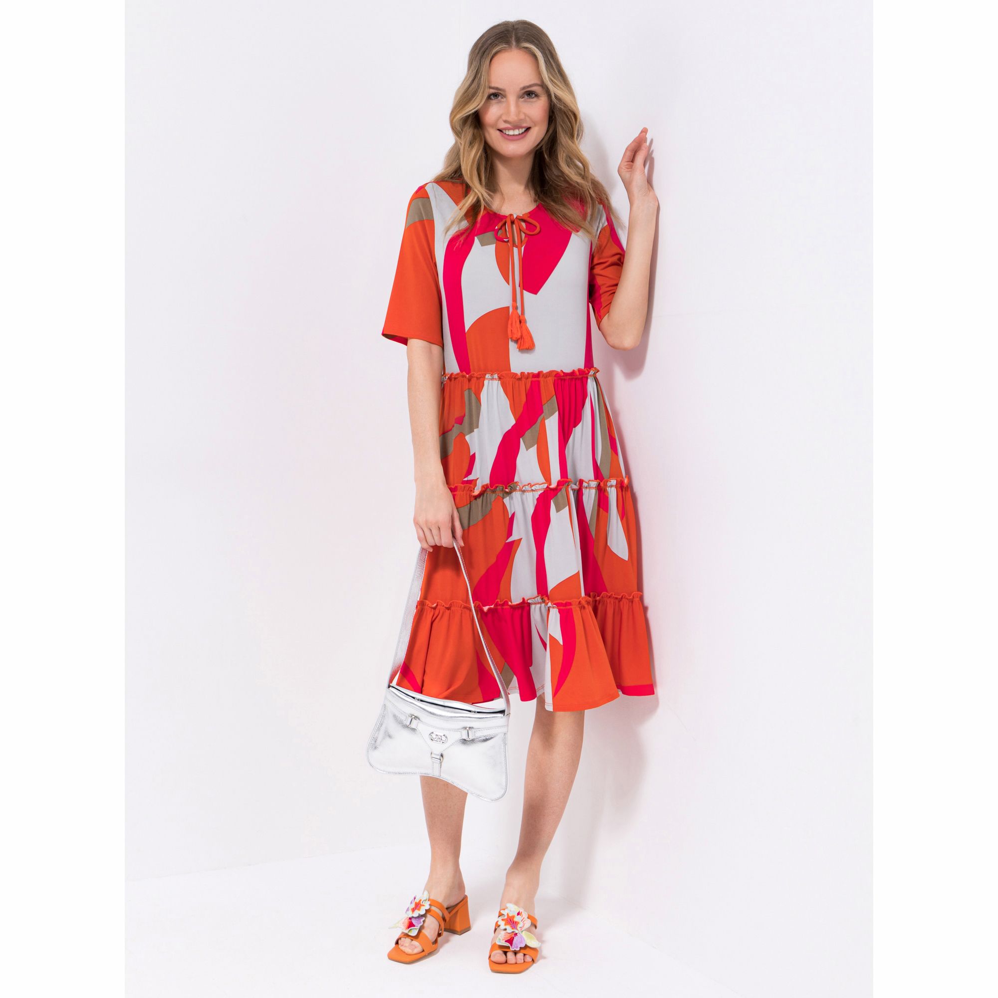 VIA MILANO Kleid, langer 1/2-Arm Rundhalsausschnitt mit Bindeband leger weit