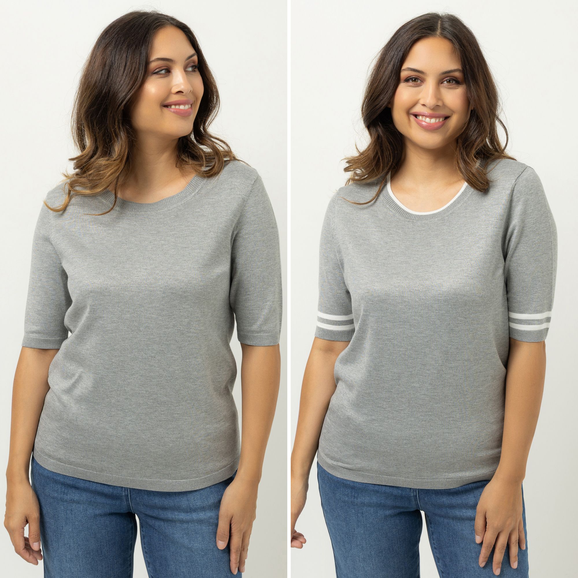 DENIM & CO. Doppelpack Pullover langer 1/2-Arm Rundhalsausschnitt uni&Kontraststreifen