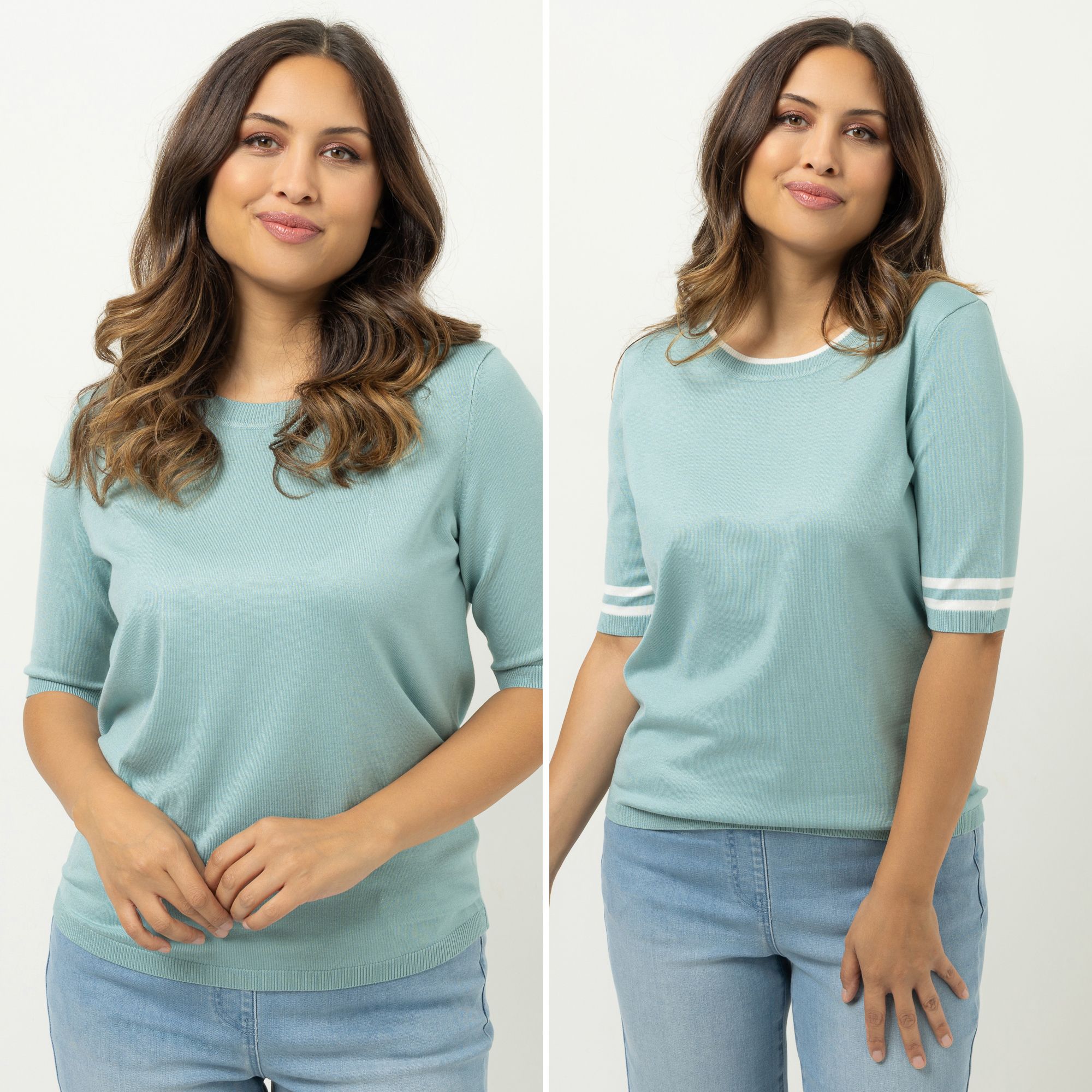 DENIM & CO. Doppelpack Pullover langer 1/2-Arm Rundhalsausschnitt uni&Kontraststreifen