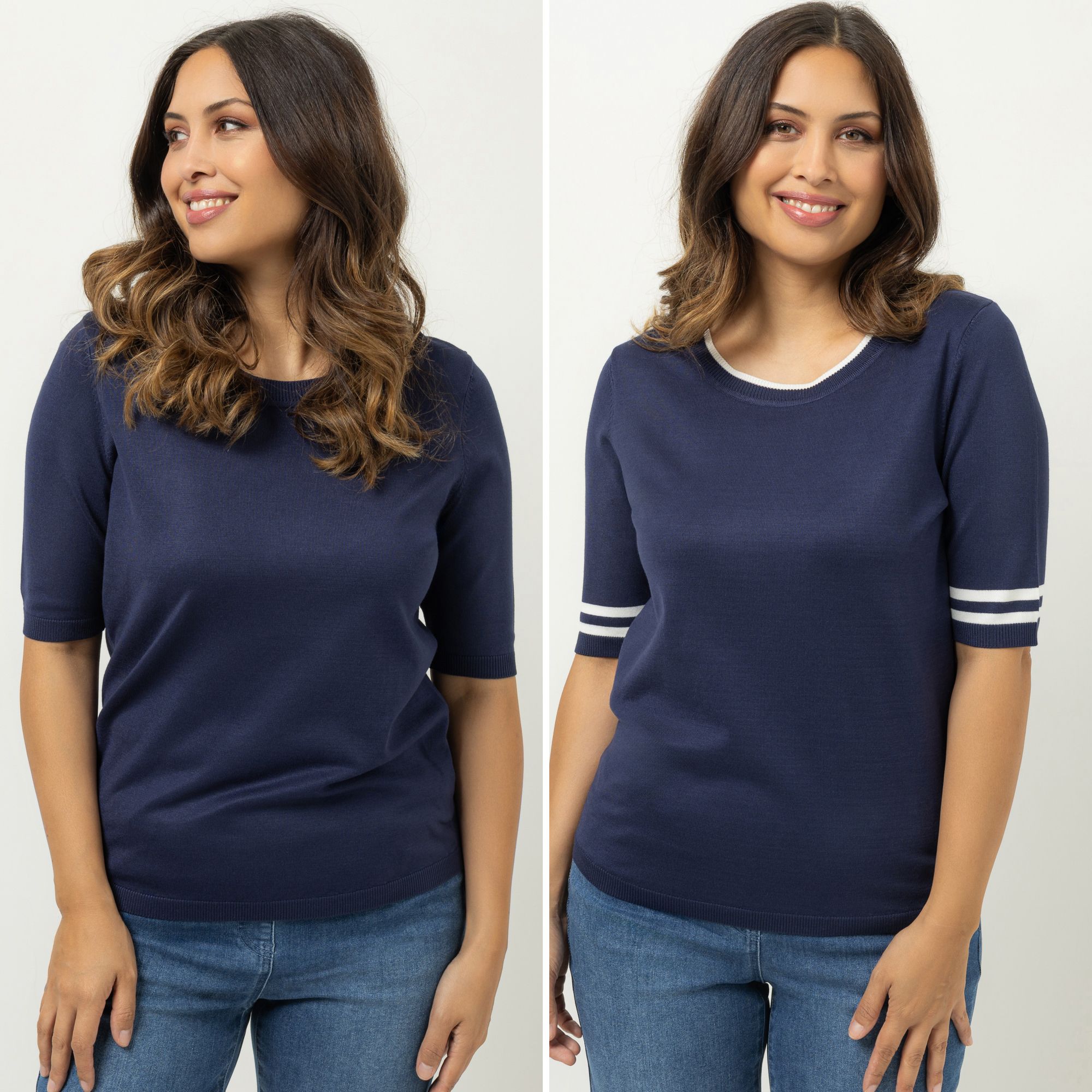 DENIM & CO. Doppelpack Pullover langer 1/2-Arm Rundhalsausschnitt uni&Kontraststreifen
