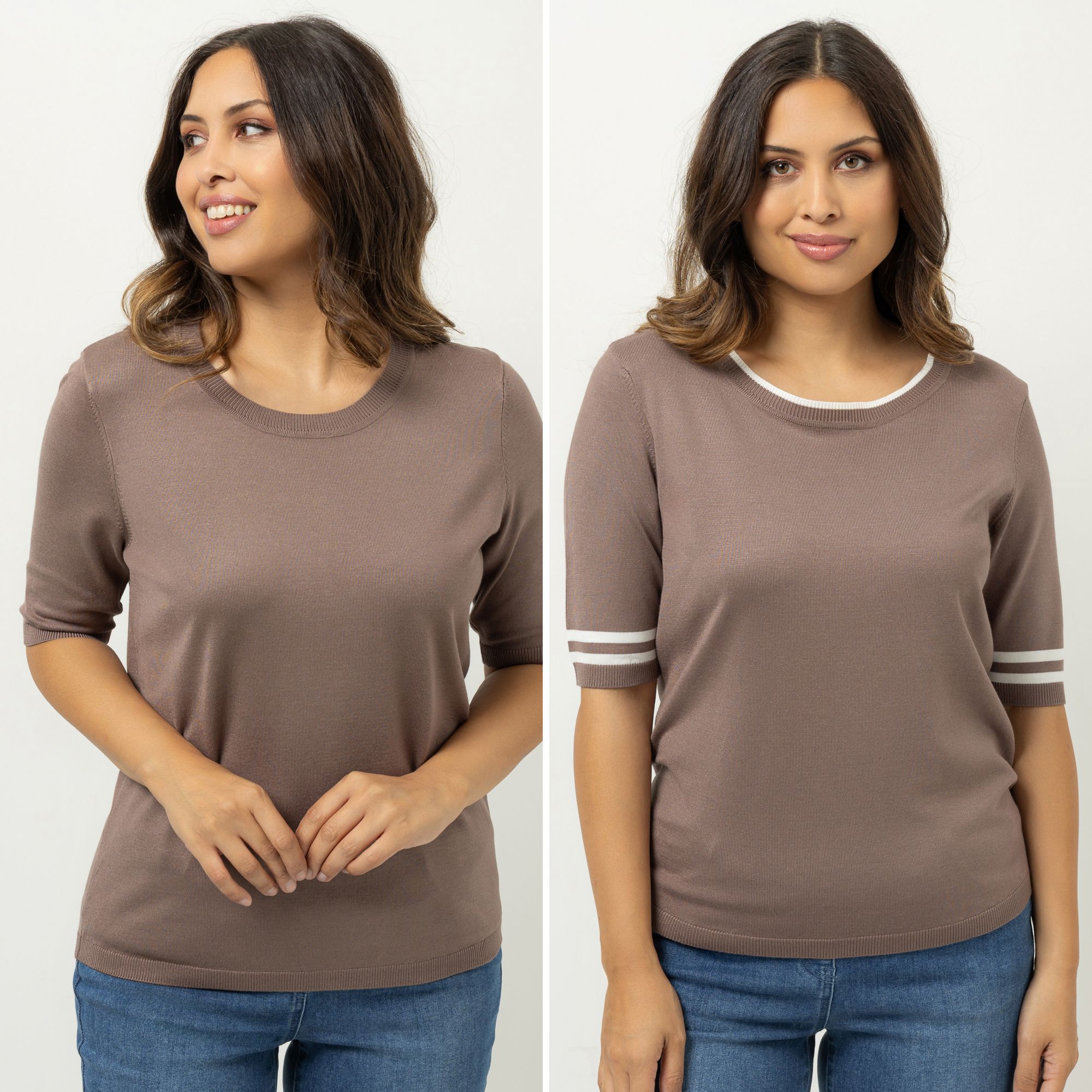 DENIM & CO. Doppelpack Pullover langer 1/2-Arm Rundhalsausschnitt uni&Kontraststreifen